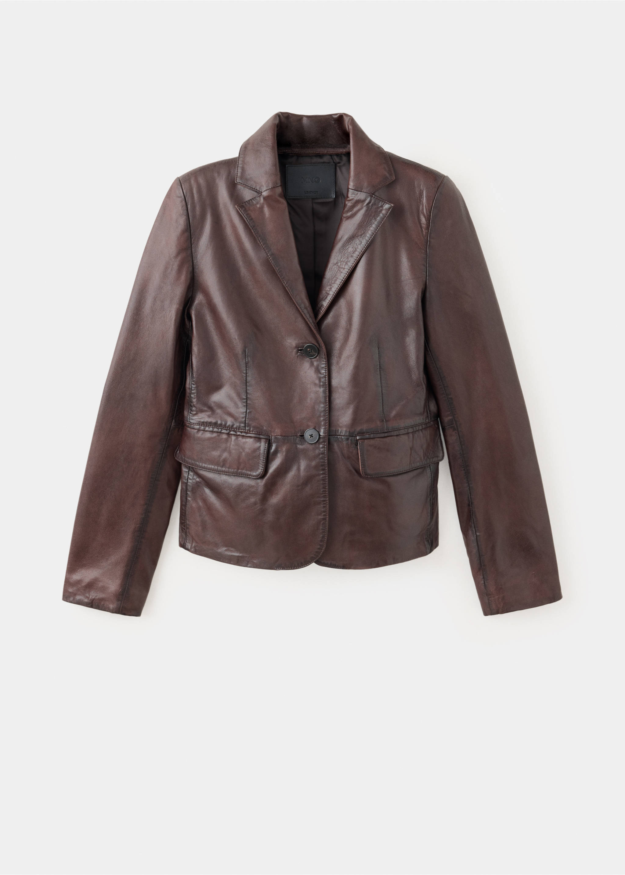 Dark brown leather blazer with a lapel collar and front button closure., Brown. Ref: 37097773-00.