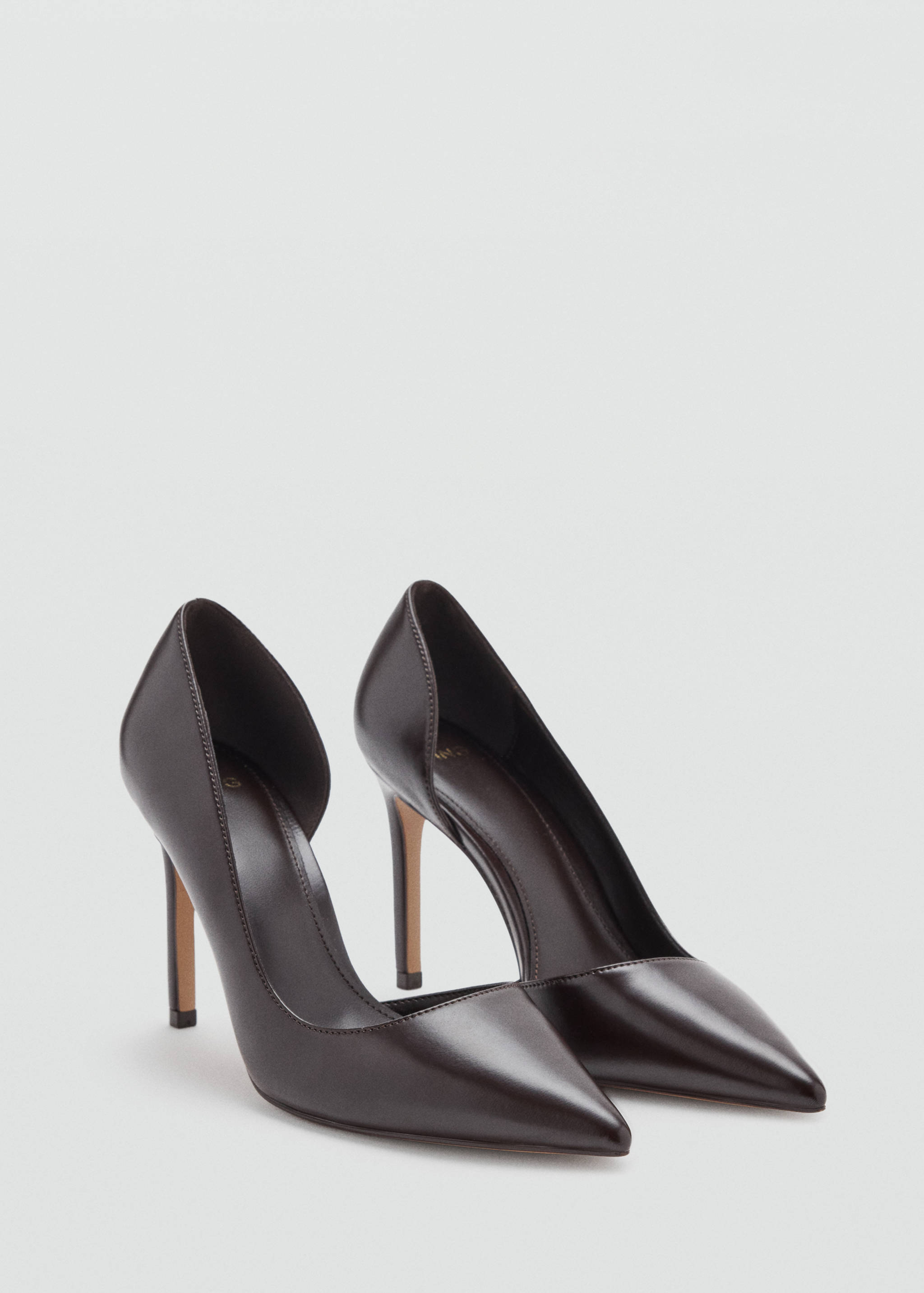 Dark brown pointed-toe stiletto court shoes with a d'Orsay cutaway side.