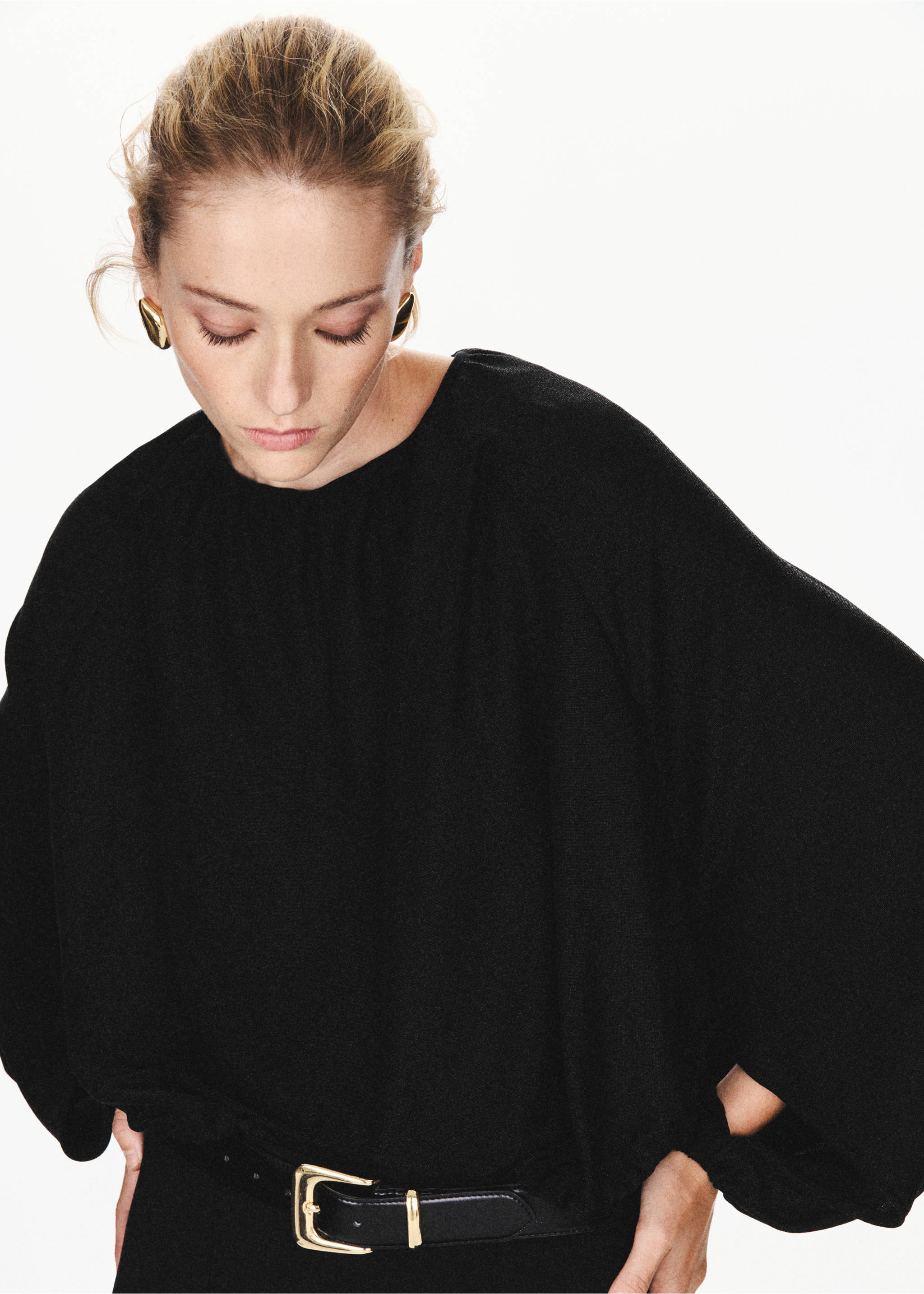 Black blouse with gathered round neckline and voluminous long sleeves., Black. Ref: 37097778-00.
