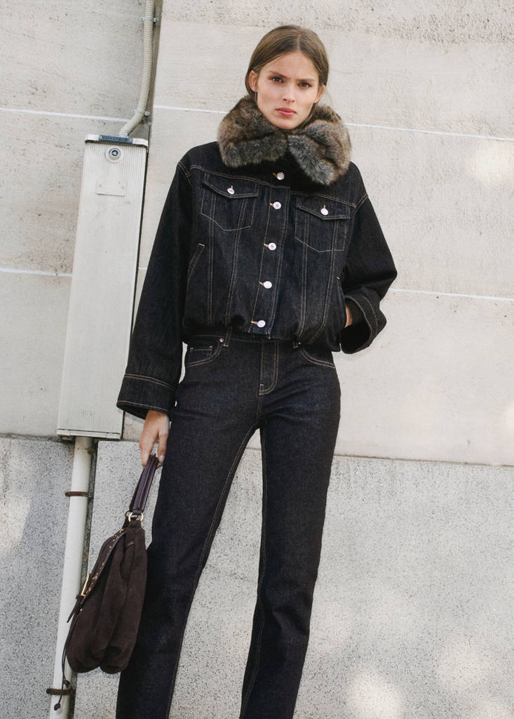 Denim jacket with faux fur collar by Mango