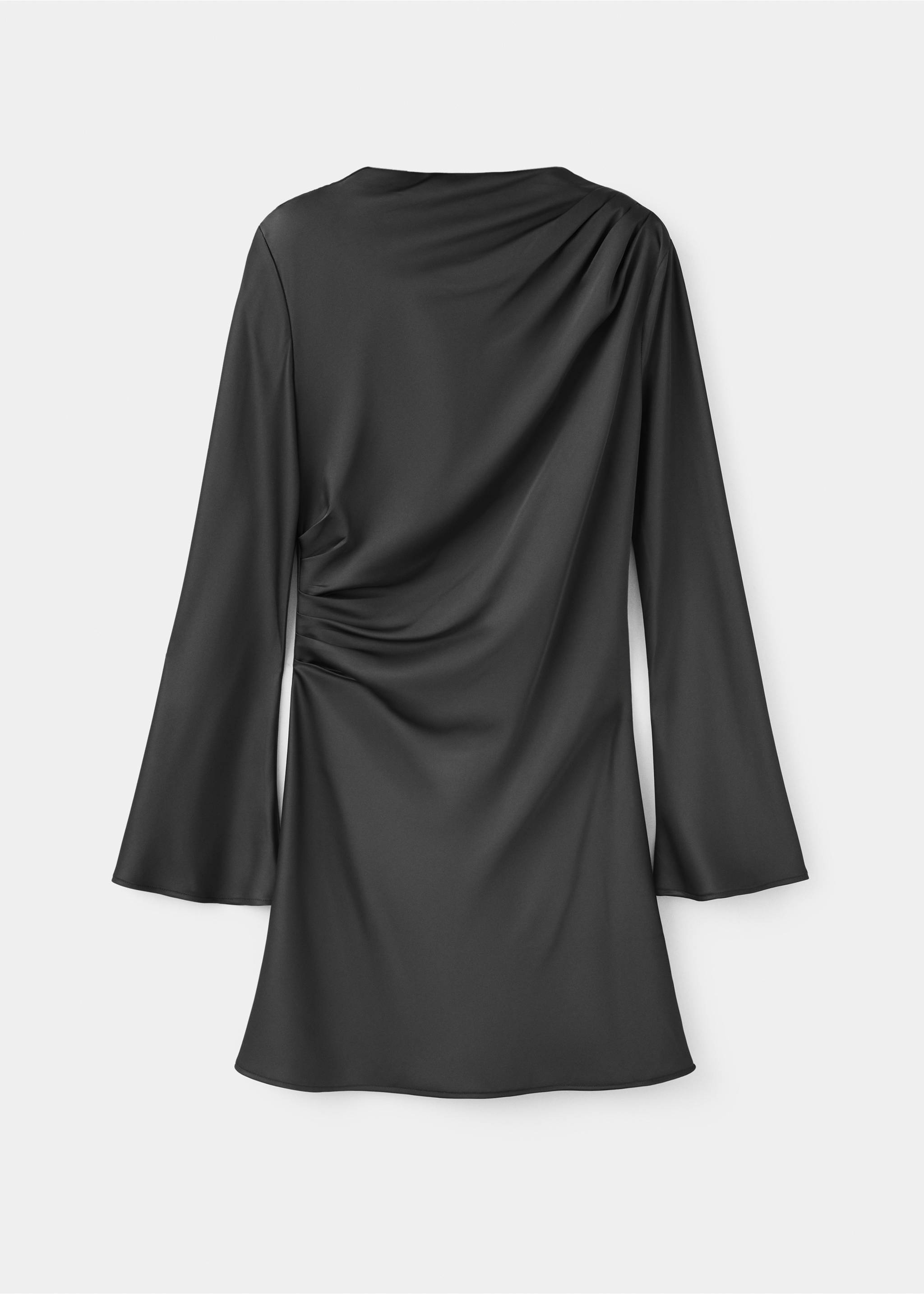 Black satin dress with long flared sleeves and draped neckline., Black. Ref: 37097781-00.