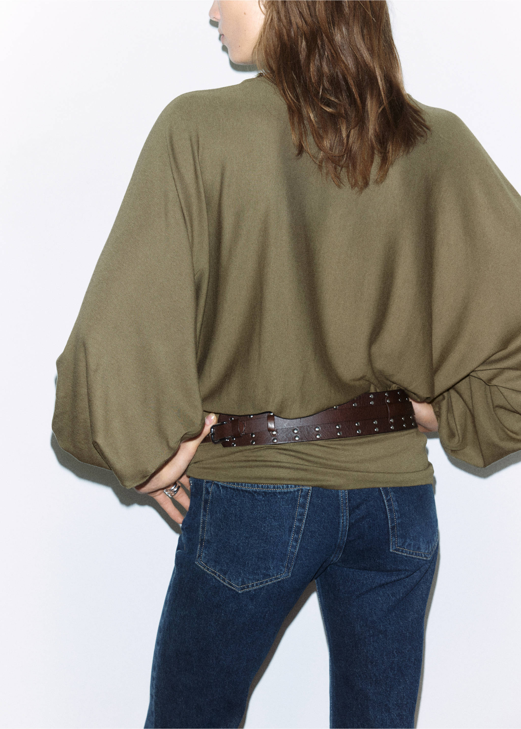 Blouse froncée ceinture large - Verso de l’article, Kaki. Ref: 37097783-00.