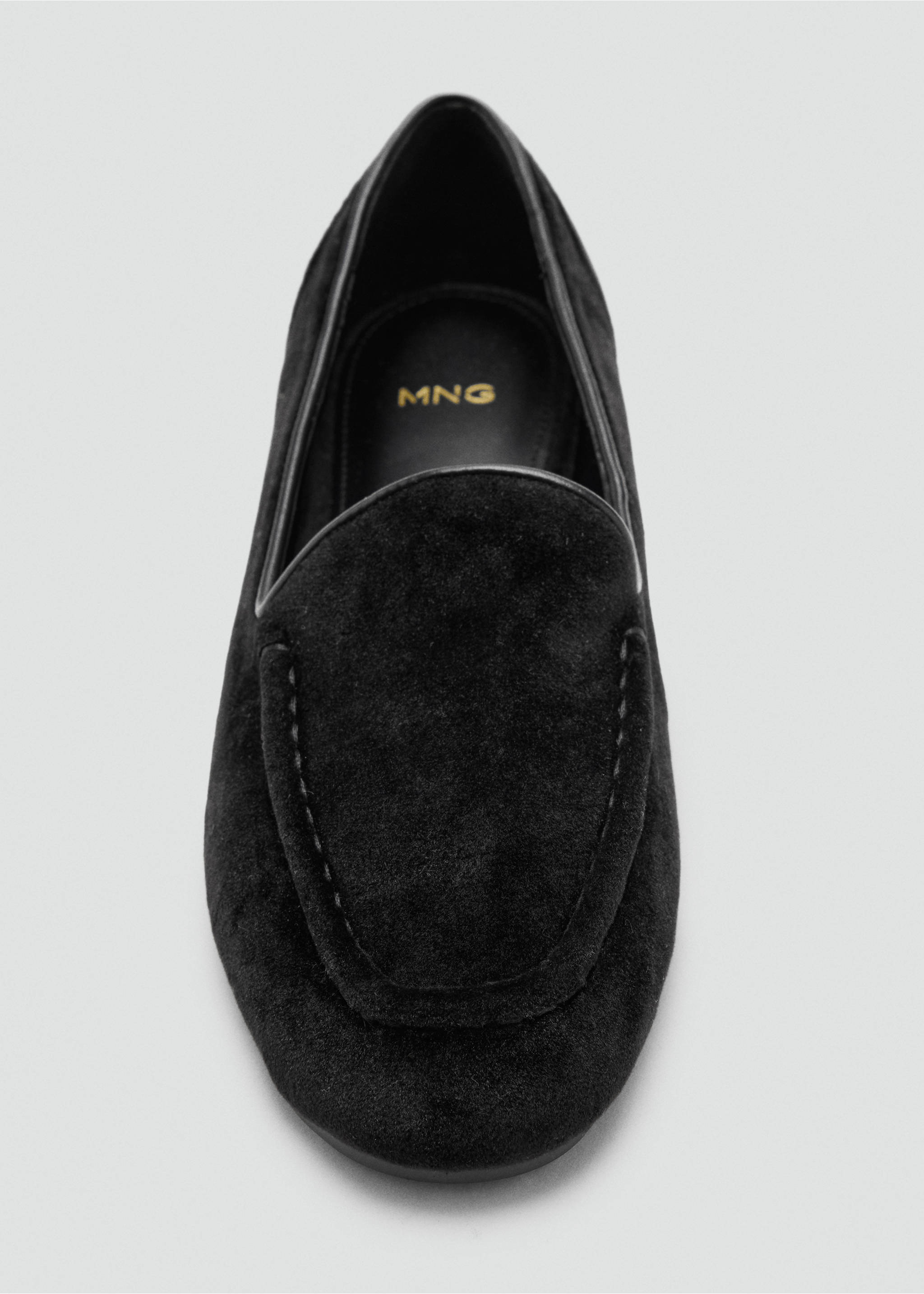 Black suede loafer featuring moc-toe stitching and gold MNG branding., Black. Ref: 37097785-00.