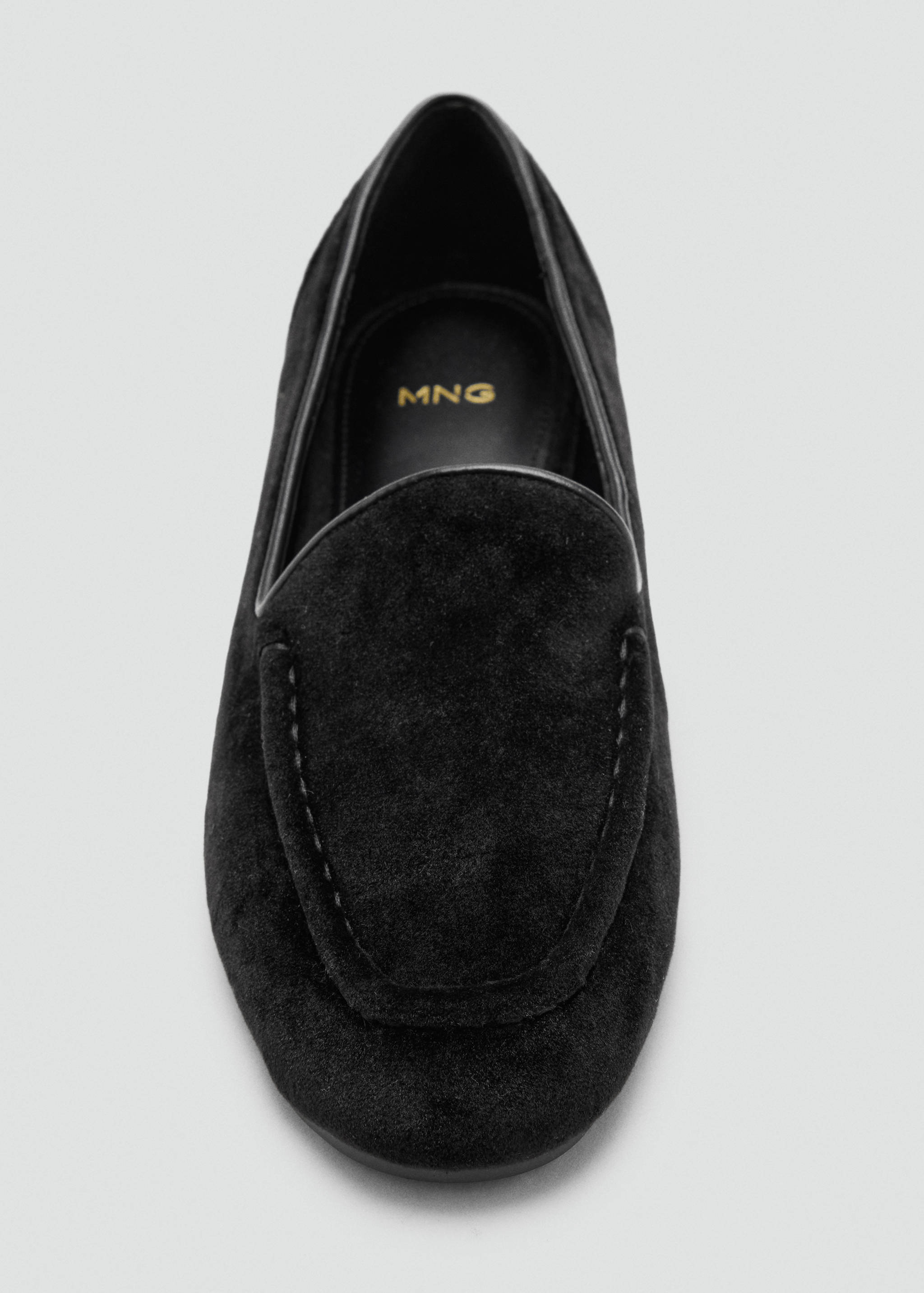 Black suede loafer featuring moc-toe stitching and gold MNG branding.