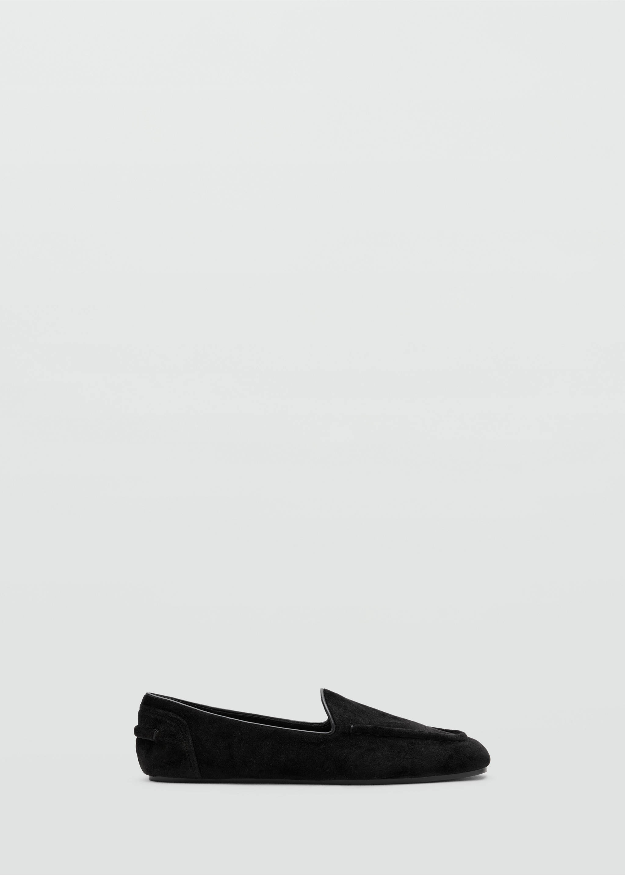 Black suede flat shoe with a rounded square toe and low-cut collar., Black. Ref: 37097785-00.