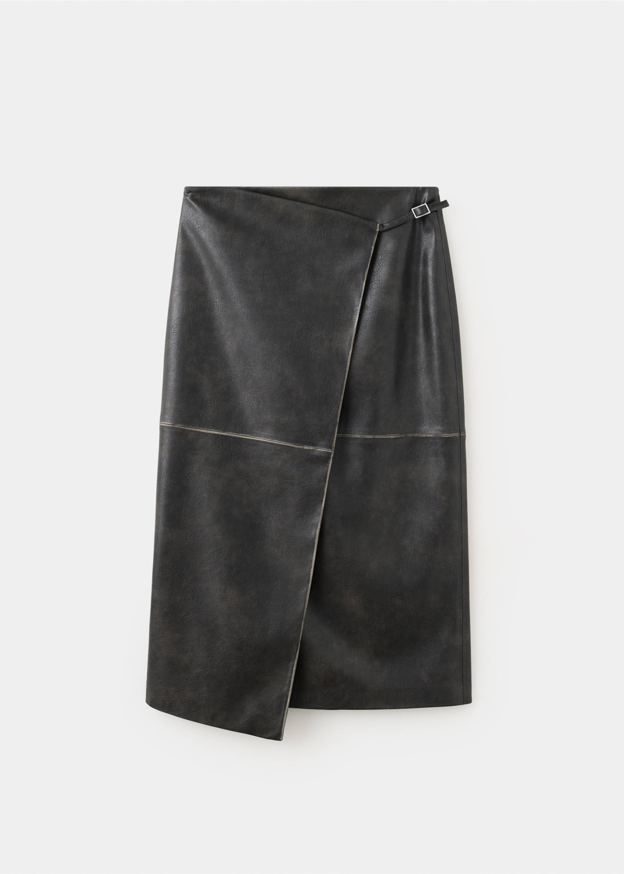 Dark grey faux-leather midi skirt with a wrap front and side buckle., Black. Ref: 37097787-00.