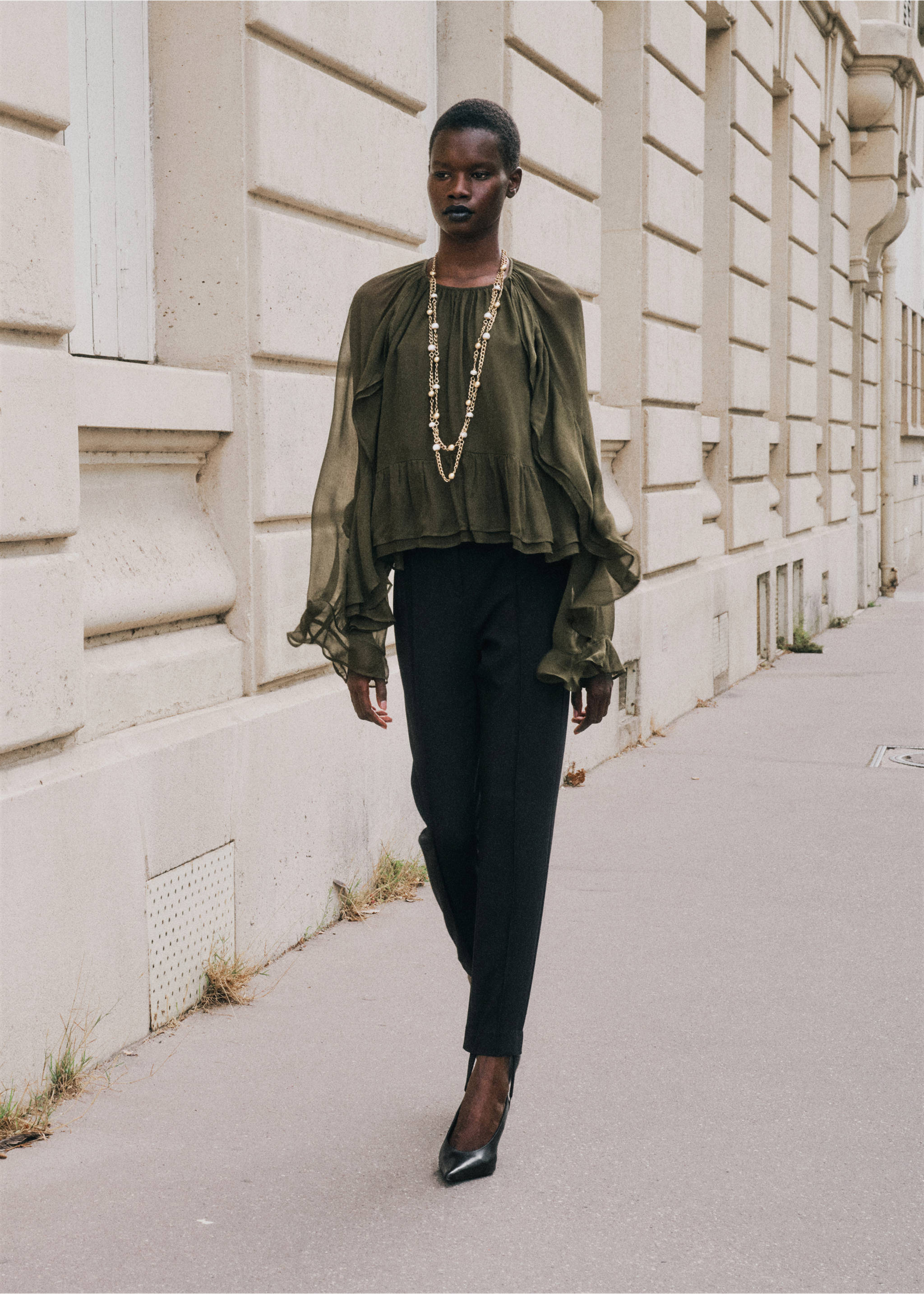 Semi-transparent ruffled blouse - General plane, Green. Ref: 37097788-00.