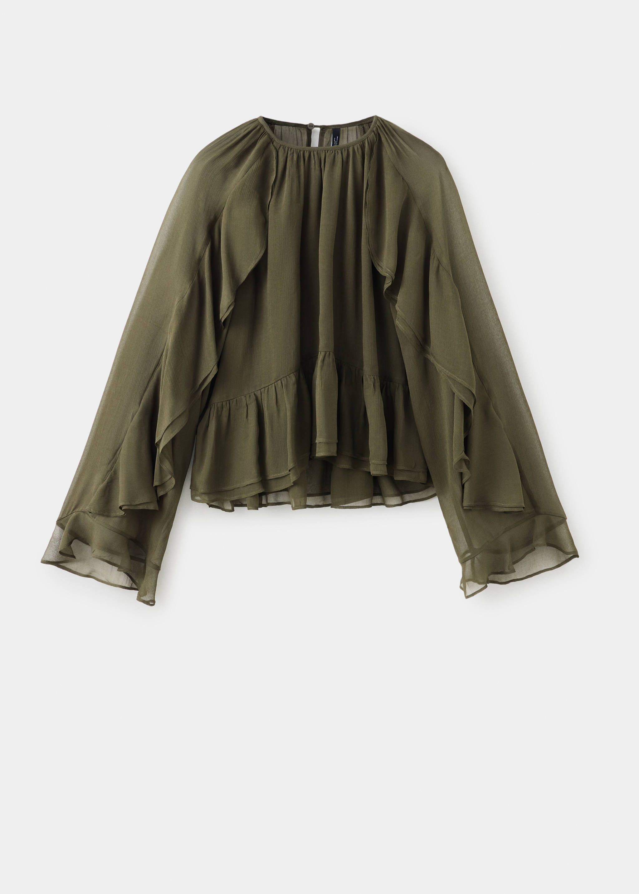 Olive green sheer blouse with ruffled trim and long sleeves.
