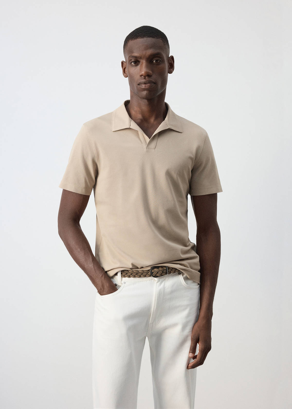 Slim fit cotton blend polo shirt — Sand