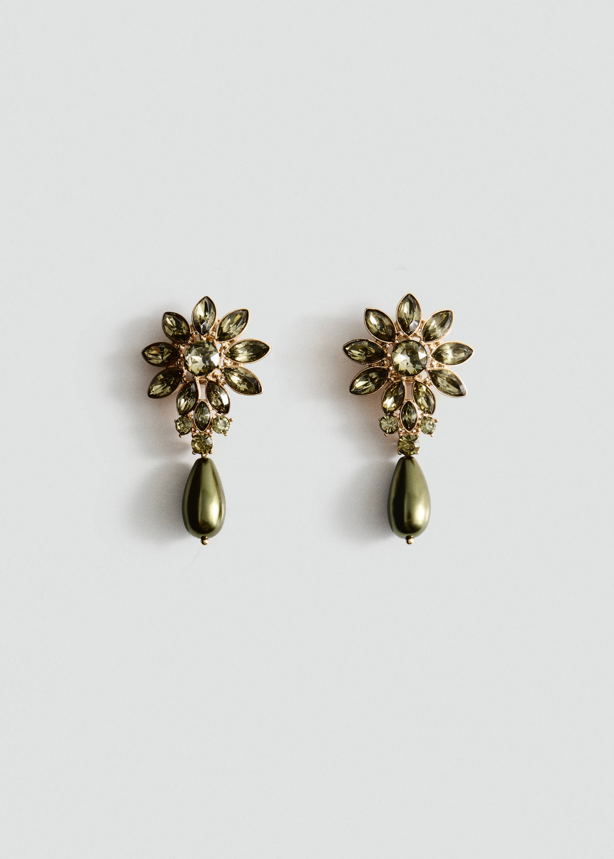 Olive-green rhinestone floral cluster drop earrings with teardrop beads.