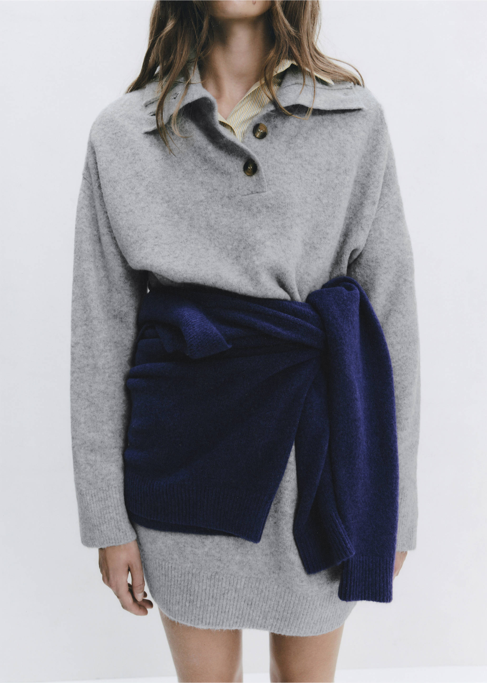 Grey knitted dress with polo collar, layered with a striped shirt and a purple jumper tied around the waist., Grey. Ref: 37097796-00.
