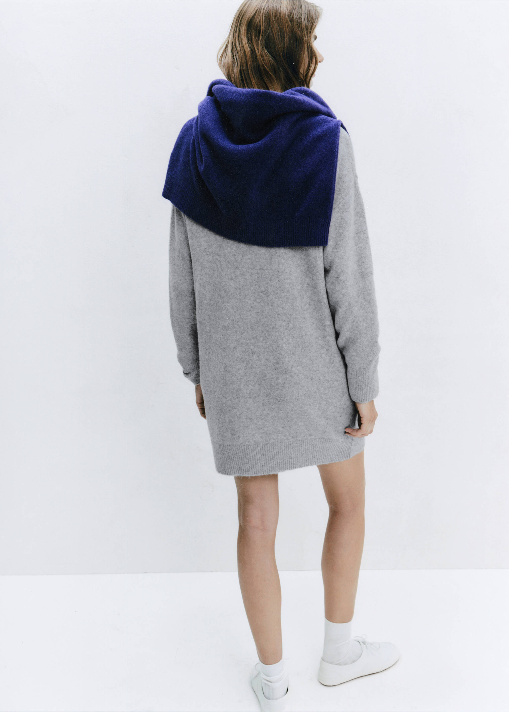 Grey knitted mini dress seen from the back, styled with a purple knit wrap., Grey. Ref: 37097796-00.