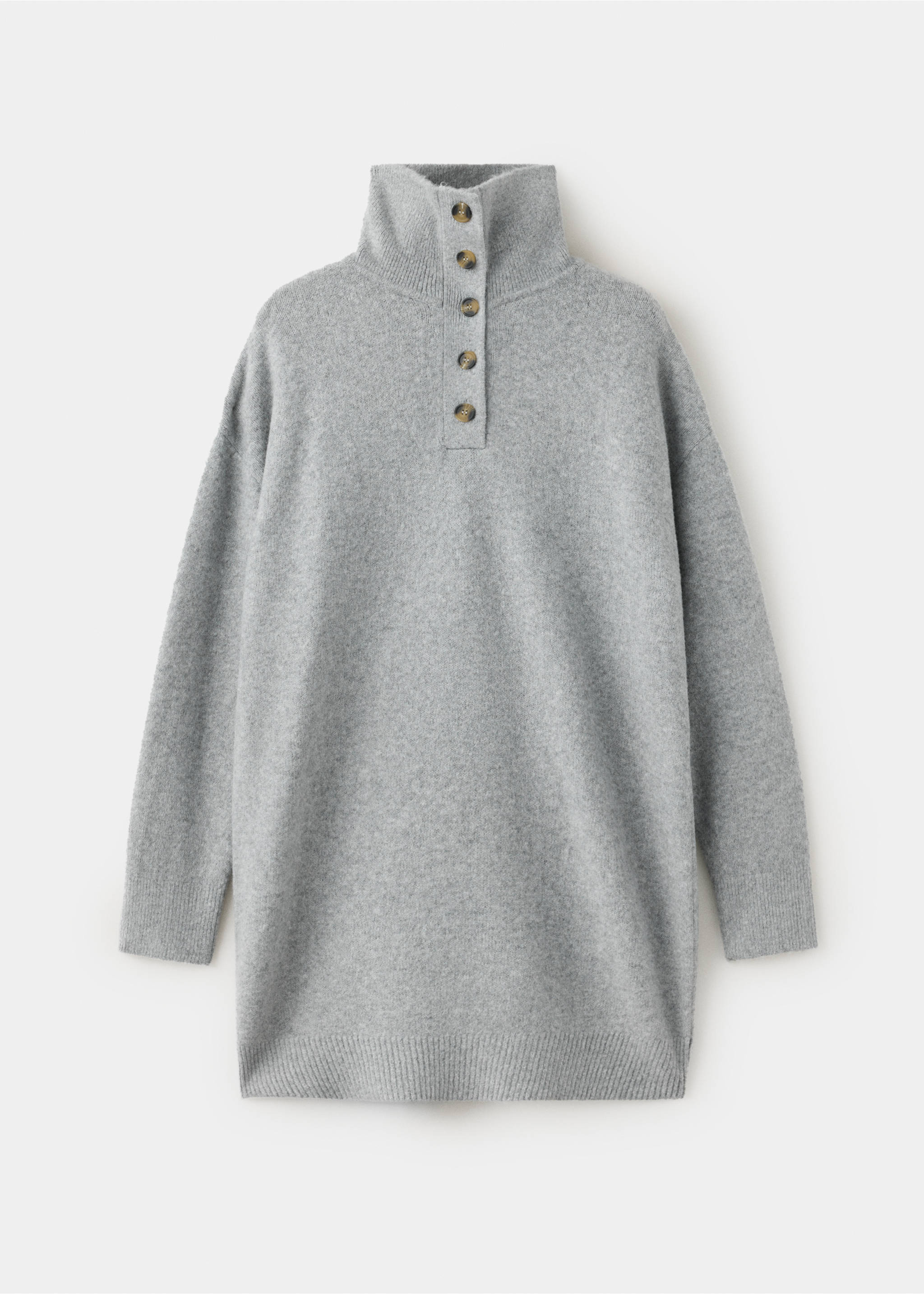 Grey knitted turtleneck dress with long sleeves and front button placket., Grey. Ref: 37097796-00.
