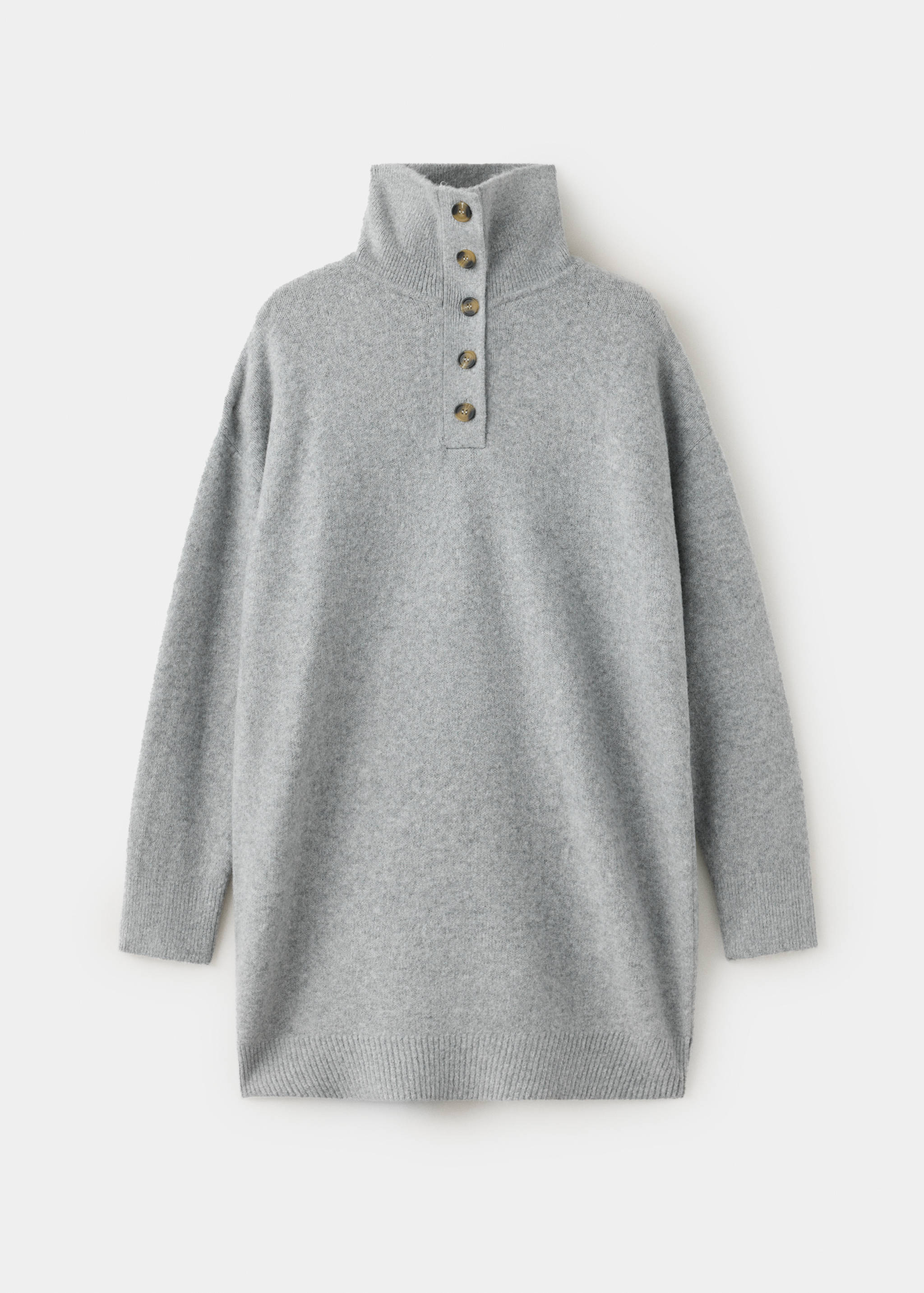 Grey knitted turtleneck dress with long sleeves and front button placket.