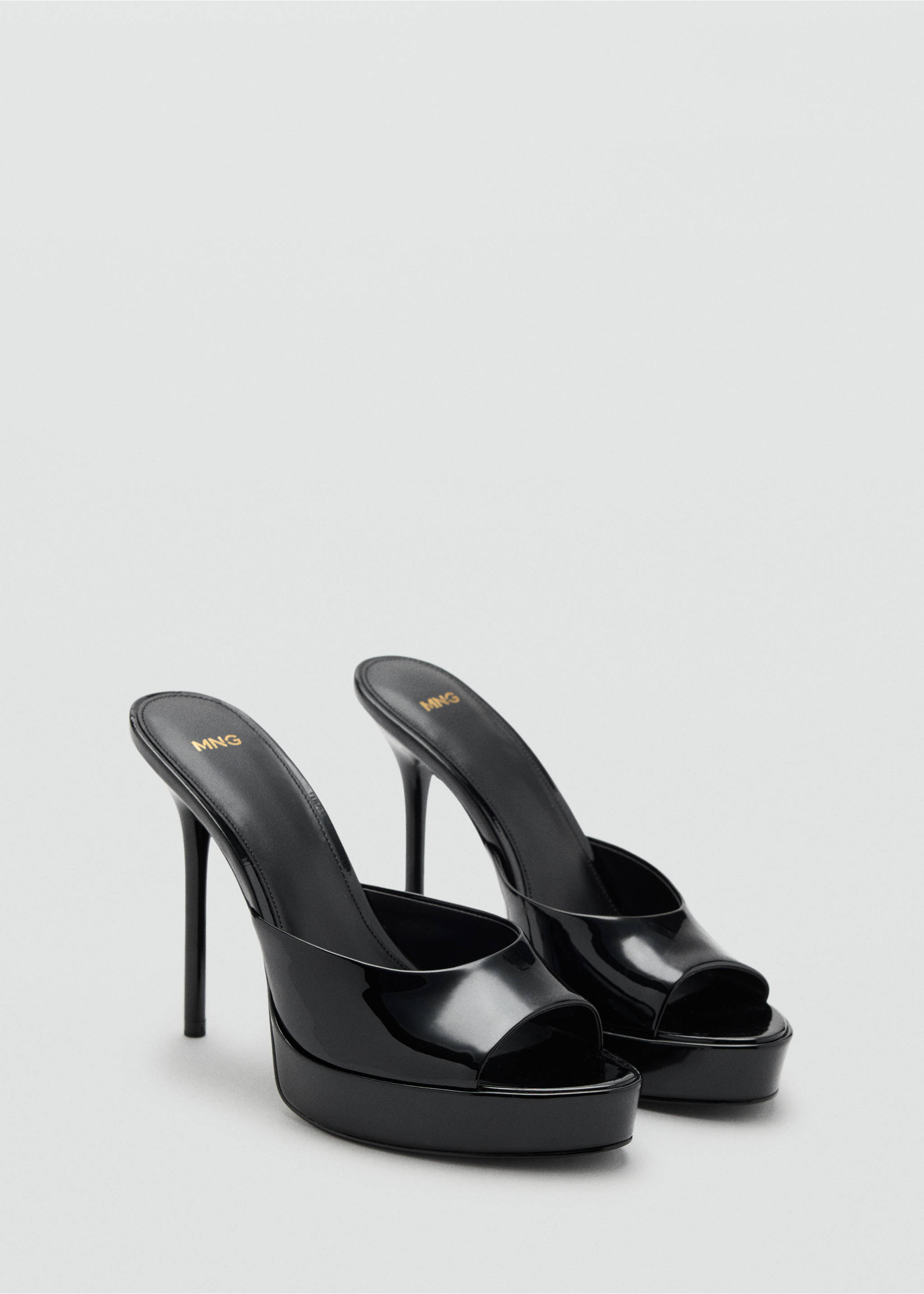 Black patent heeled sandals with a platform sole and stiletto heel., Black. Ref: 37097797-00.