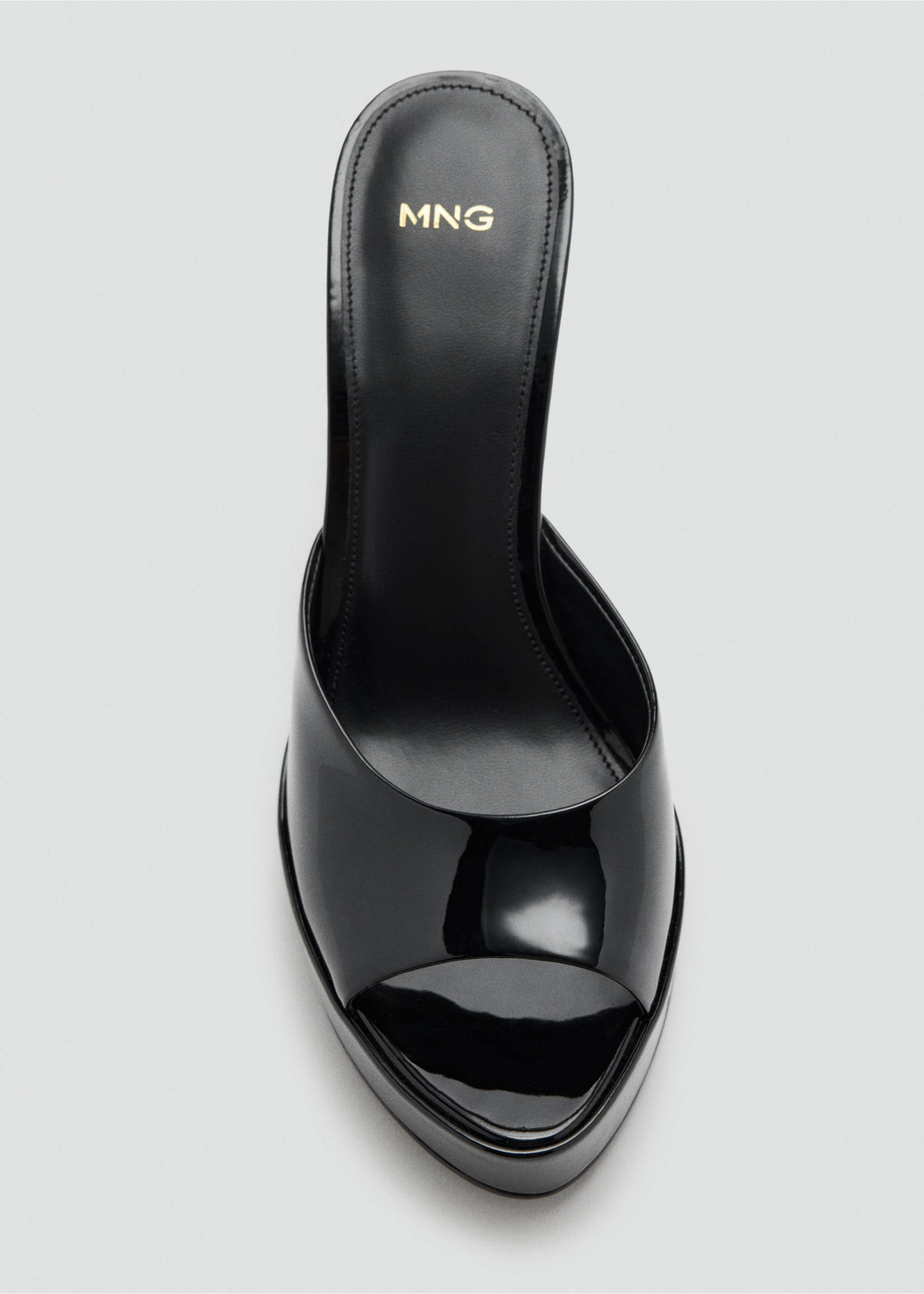 Close-up of a black patent leather heeled sandal with a platform sole., Black. Ref: 37097797-00.