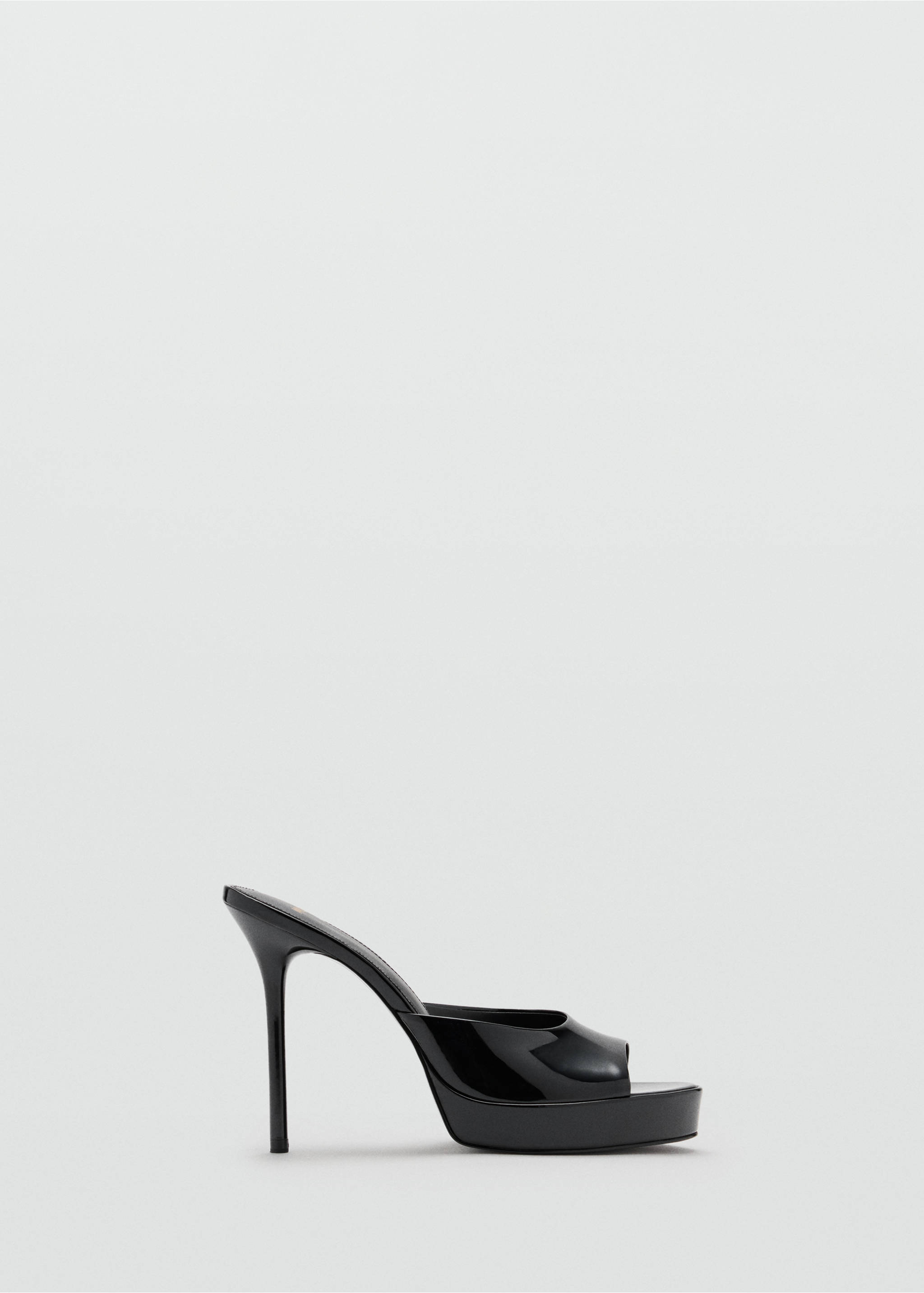 Black patent heeled sandal with an open toe and high stiletto heel., Black. Ref: 37097797-00.