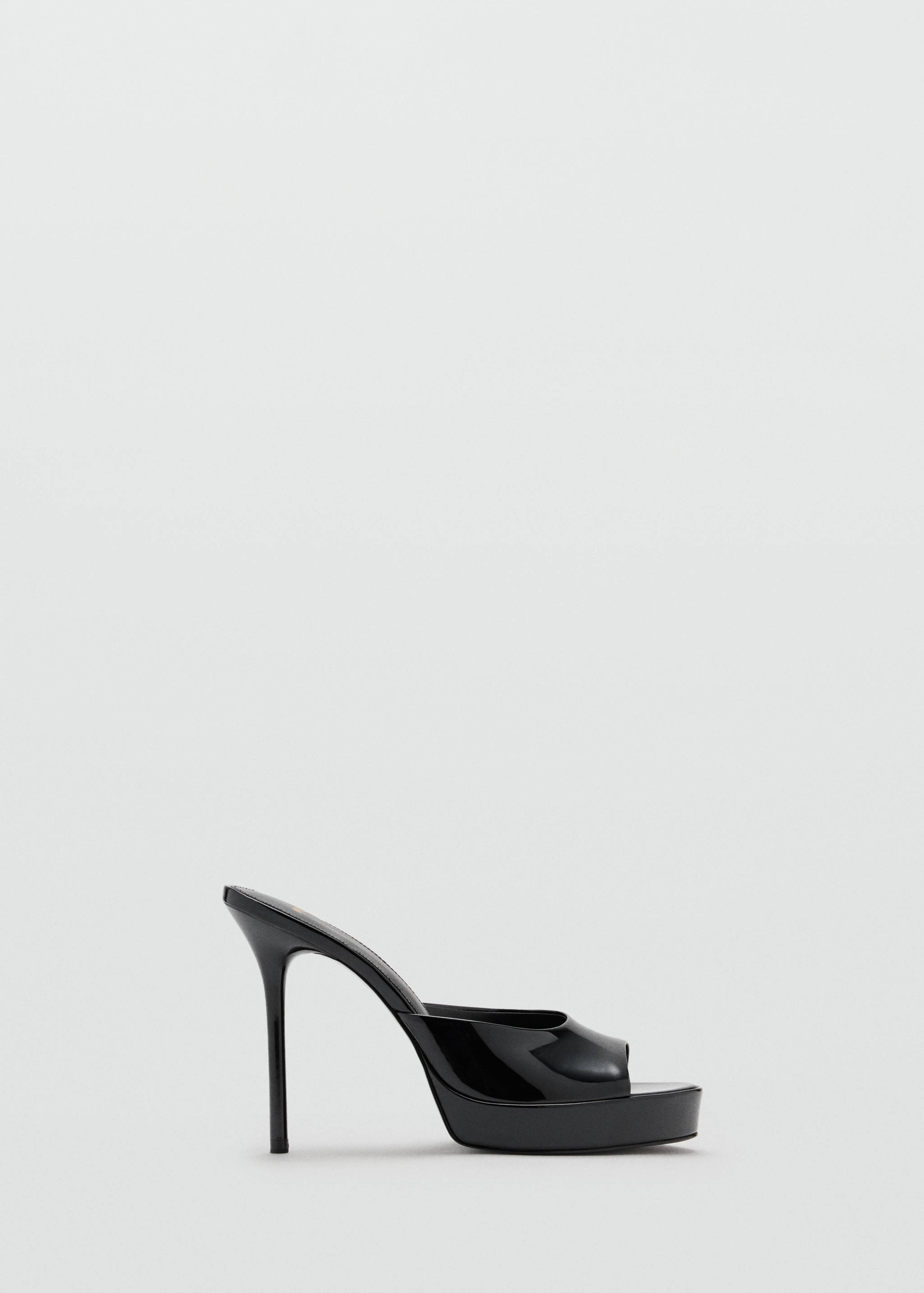 Black patent heeled sandal with an open toe and high stiletto heel.
