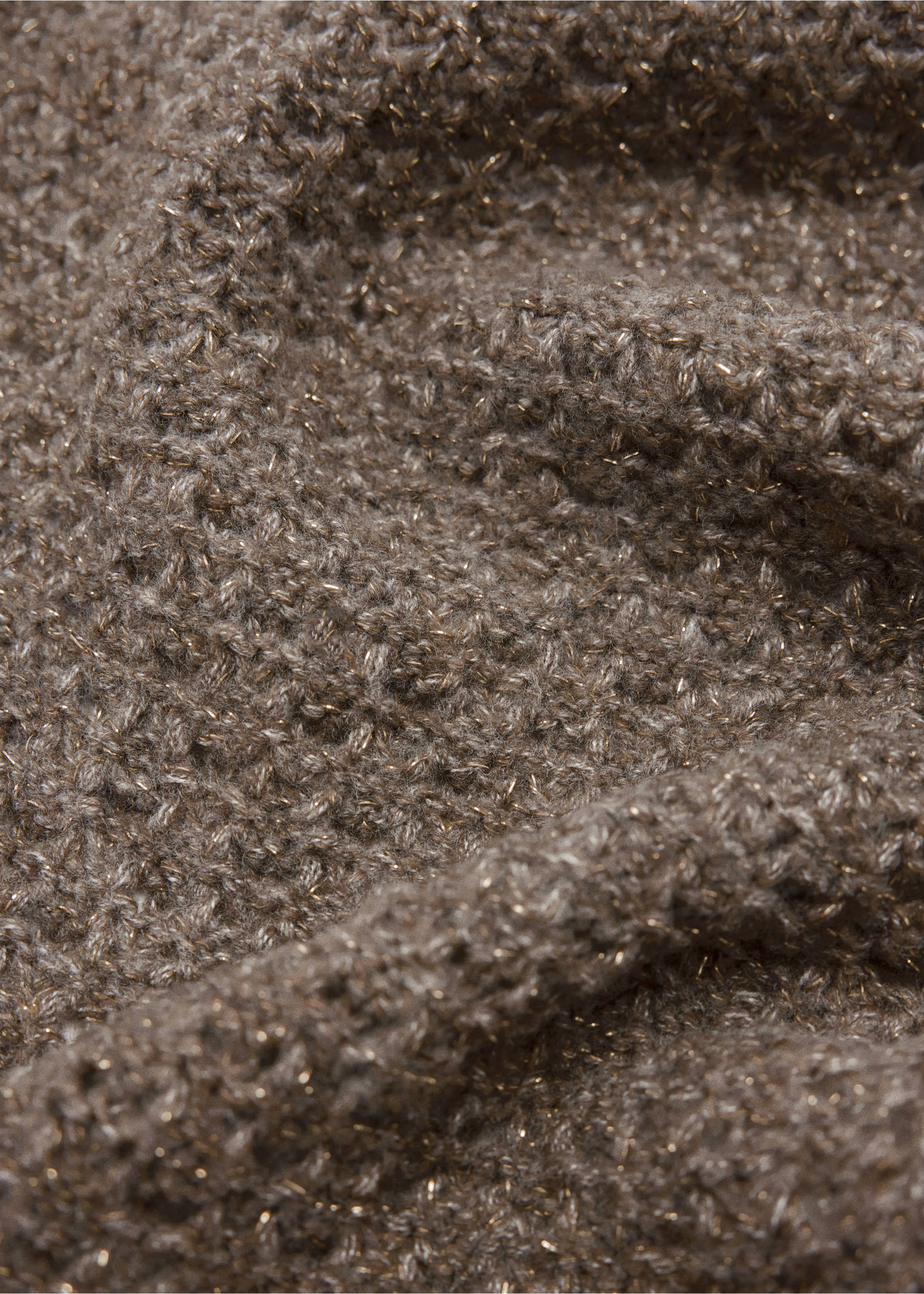 Close-up of a textured greyish-brown knit scarf with metallic threads., Medium Brown. Ref: 37097798-00.