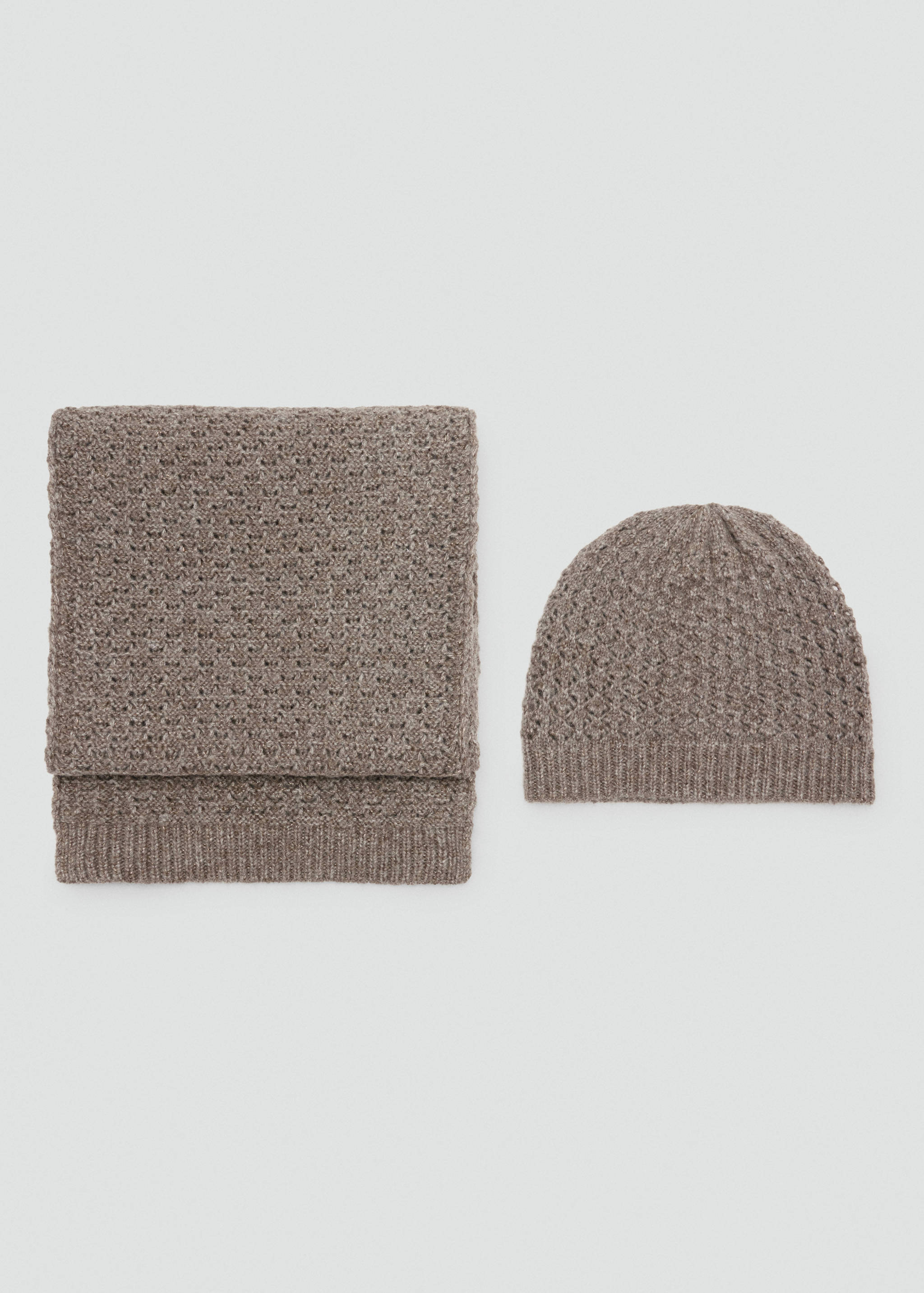 Brown knitted scarf featuring an open-work textured pattern, shown with a matching beanie.