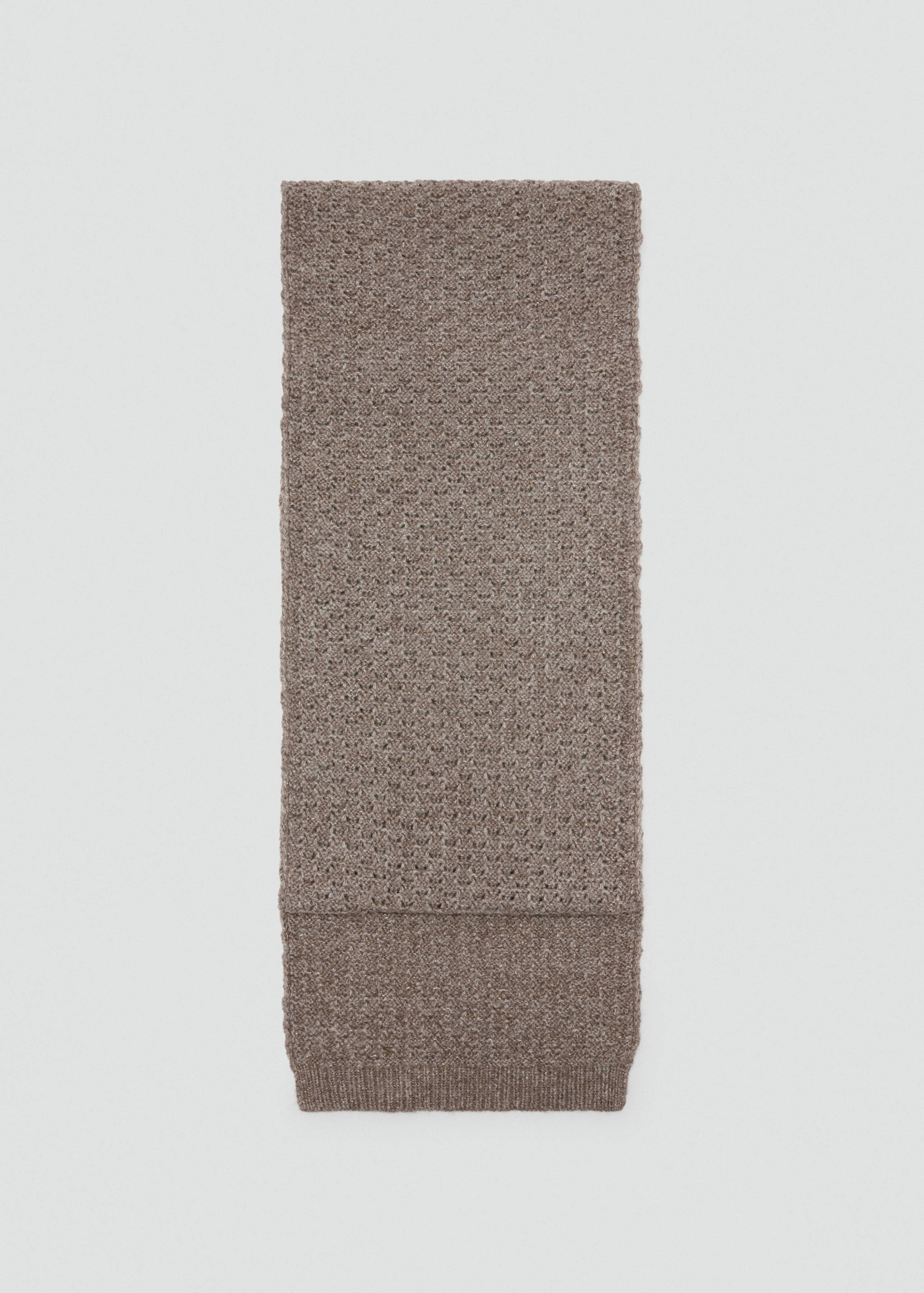 Brown knit scarf with an open-work pattern and ribbed lower edge.
