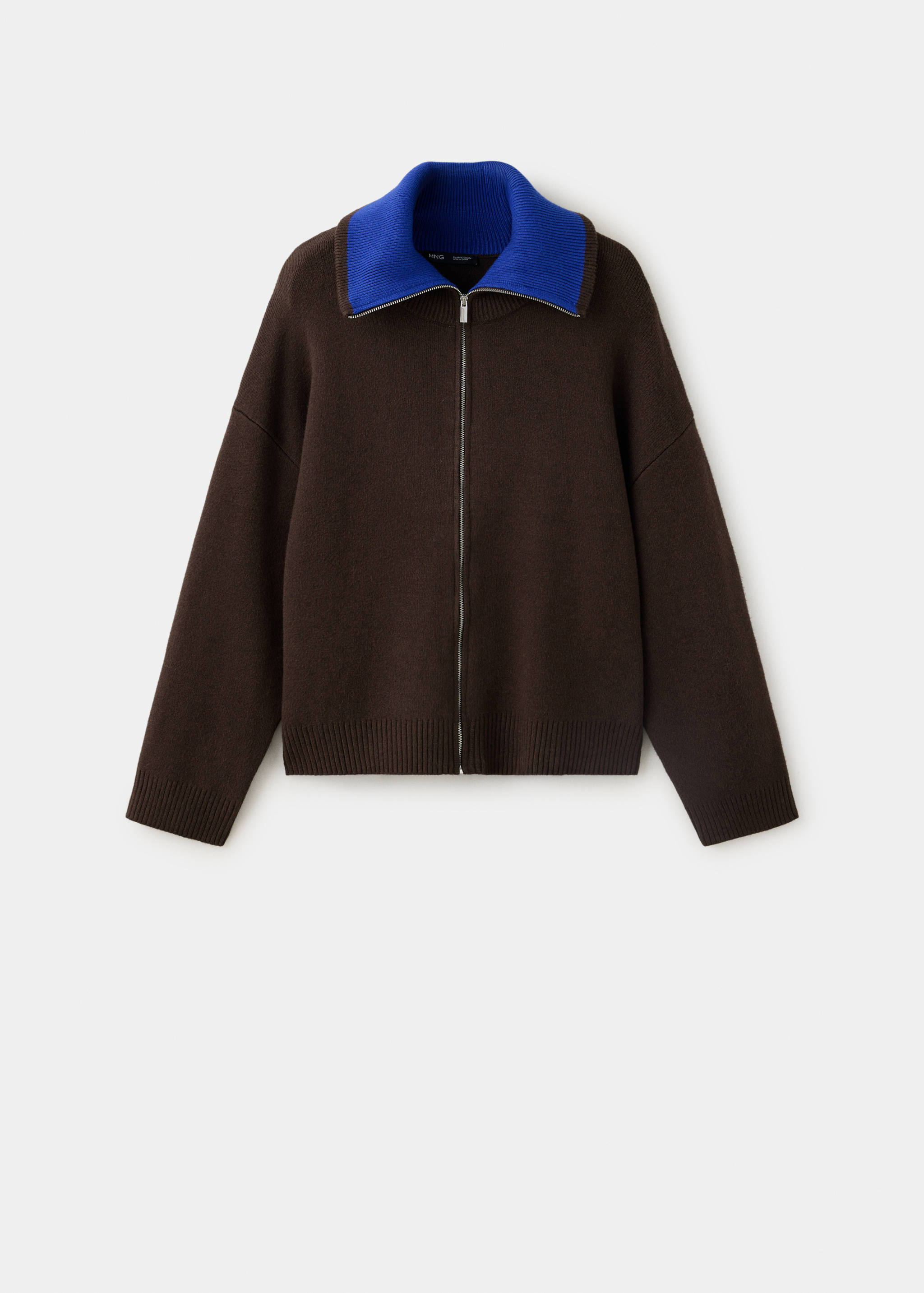 Dark brown knit jacket with a contrasting blue collar and front zip.