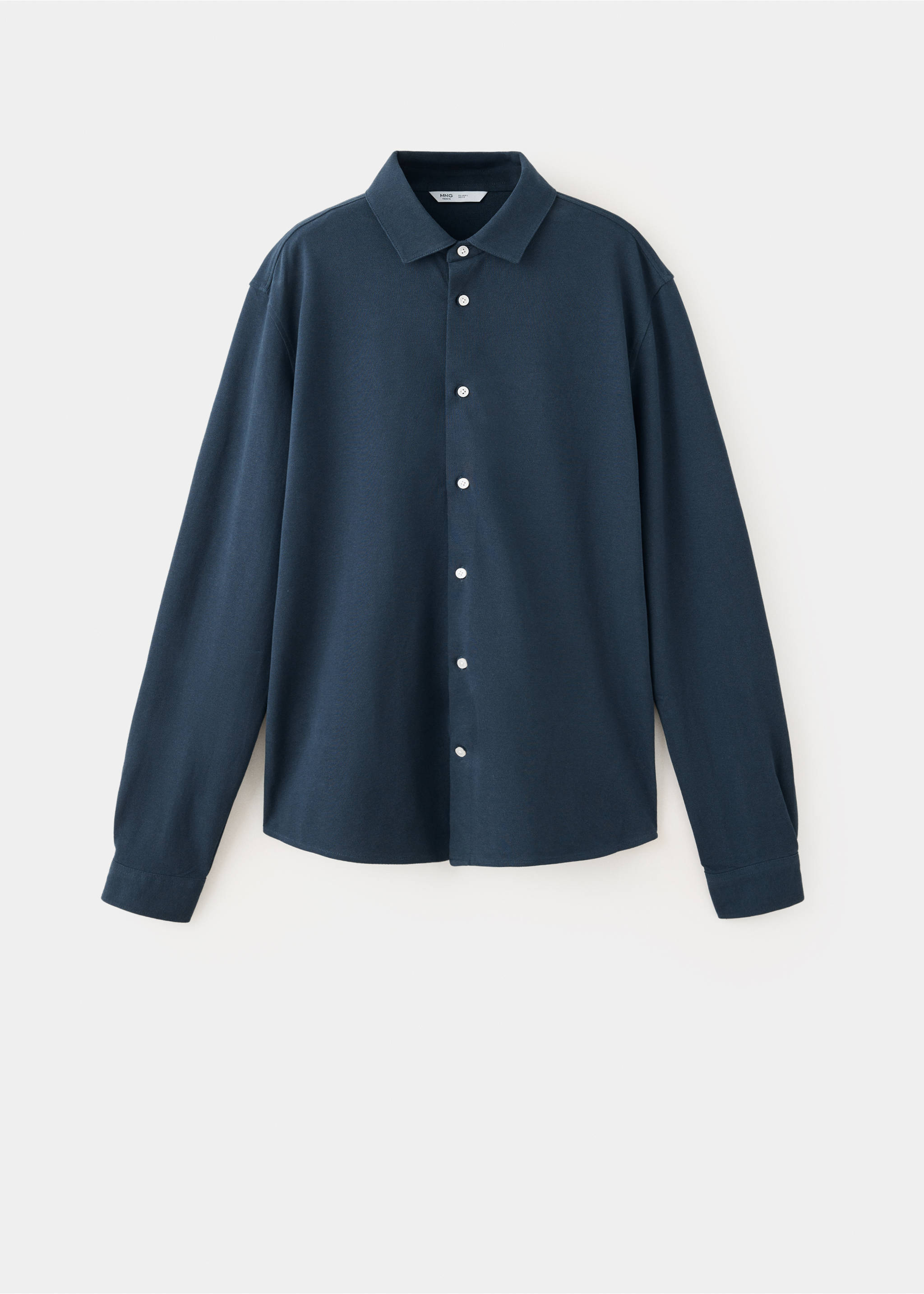 Dark navy blue long-sleeved polo shirt with a buttoned placket and collar., Navy. Ref: 37097805-00.