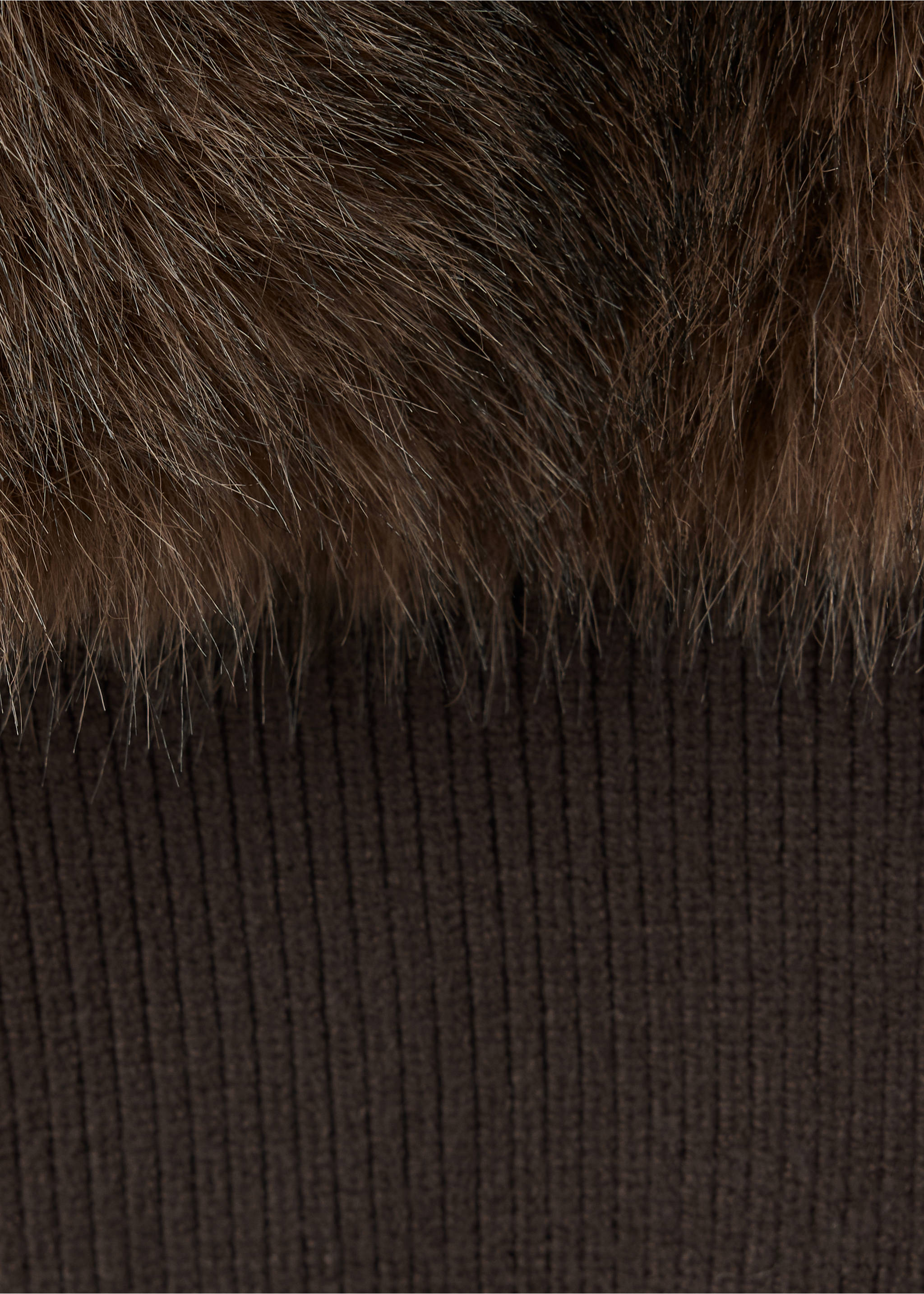 Close-up of a brown jacket showing textured faux-fur and ribbed knit., Chocolate. Ref: 37097806-00.