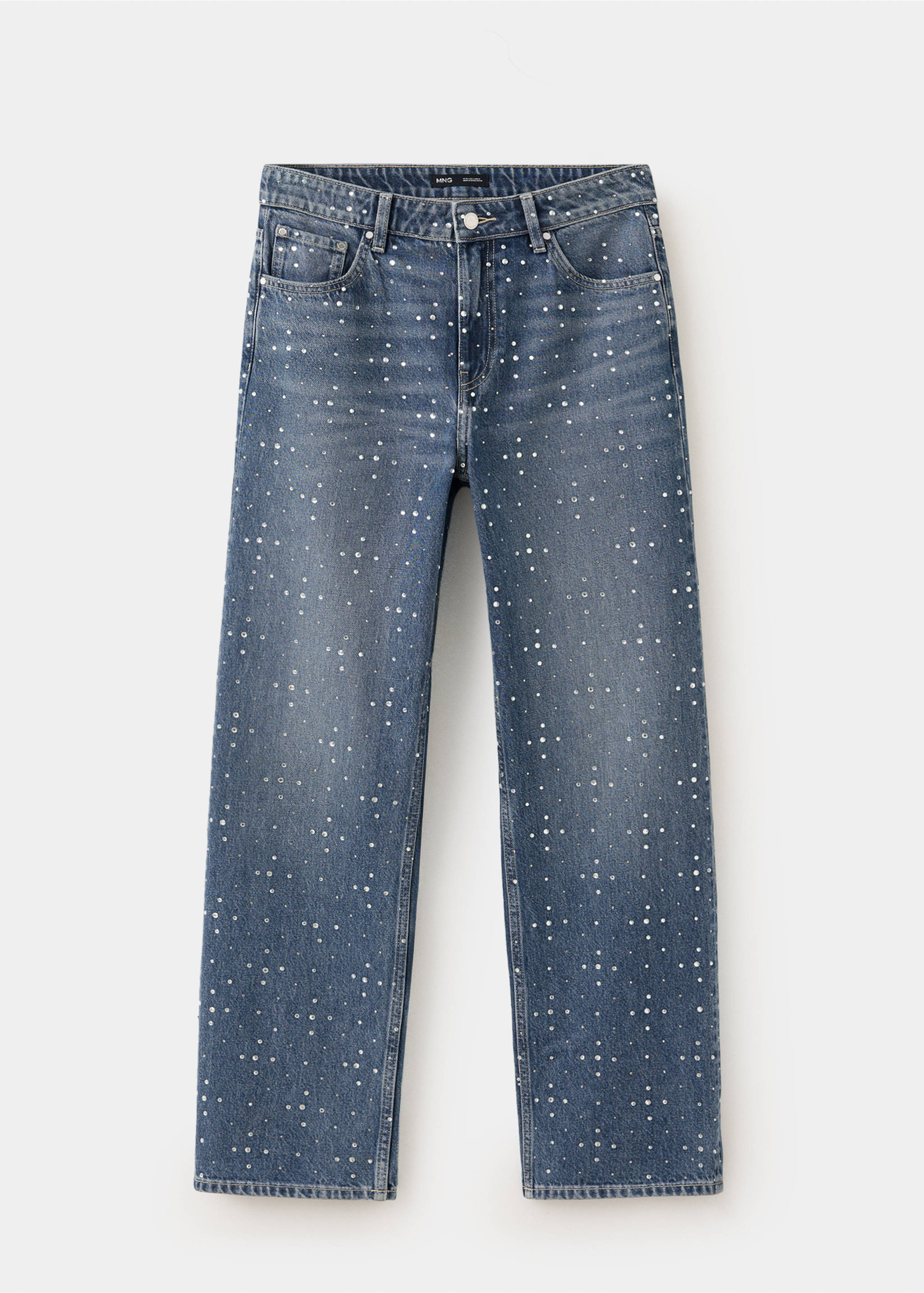 Blue rhinestone-embellished straight-leg denim trousers., Dark Blue. Ref: 37097807-00.