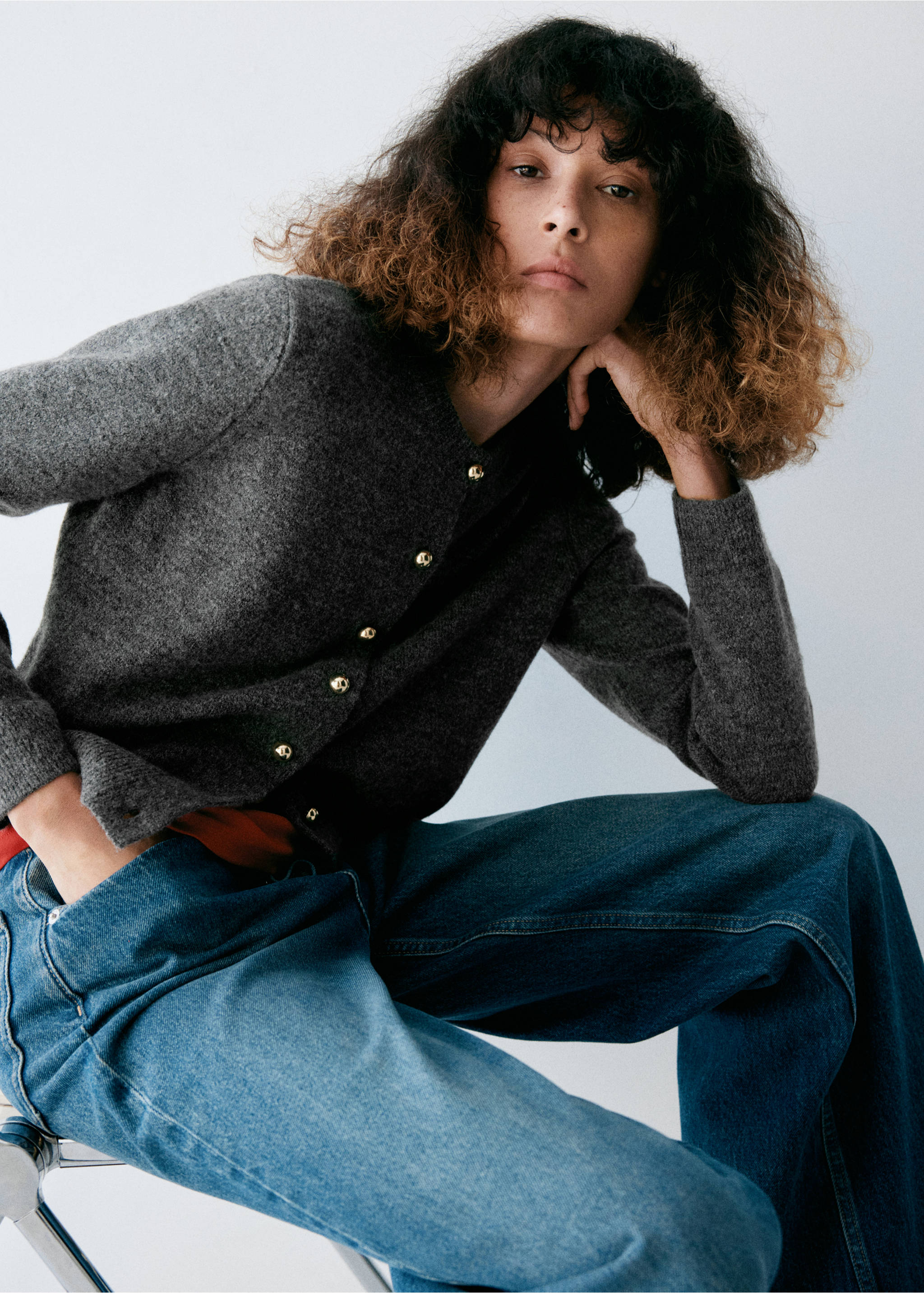 Knitted cardigan with metallic buttons - Details of the article 1, Dark Heather Grey. Ref: 37097809-00.