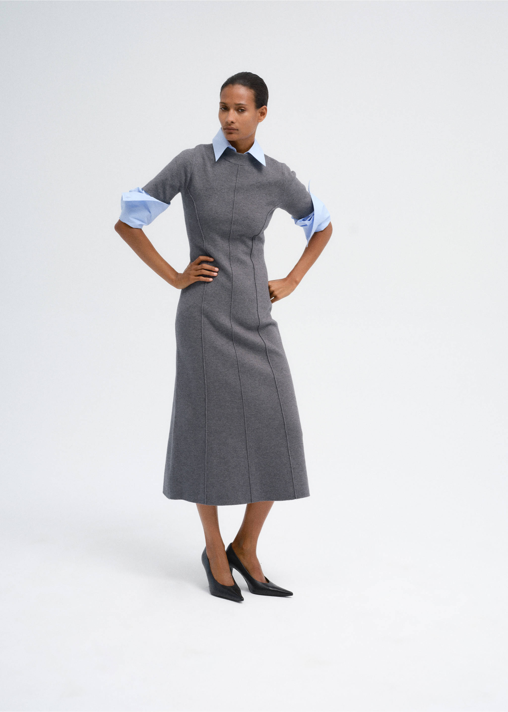 Grey midi knit dress with panel seams, layered with a light blue collared shirt., Medium Heather Grey. Ref: 37097810-00.