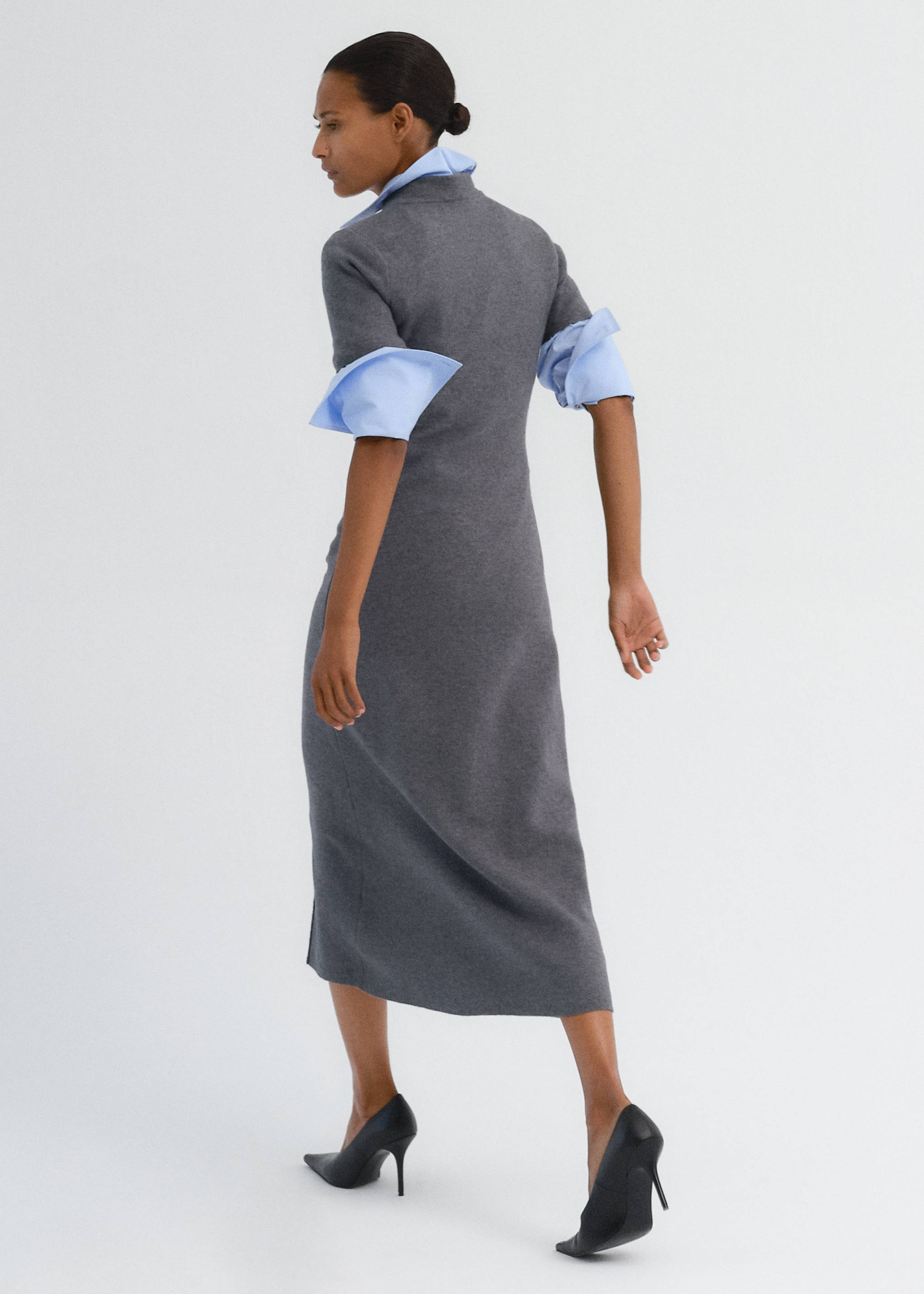 Back view of a grey midi dress layered over a light blue shirt., Medium Heather Grey. Ref: 37097810-00.