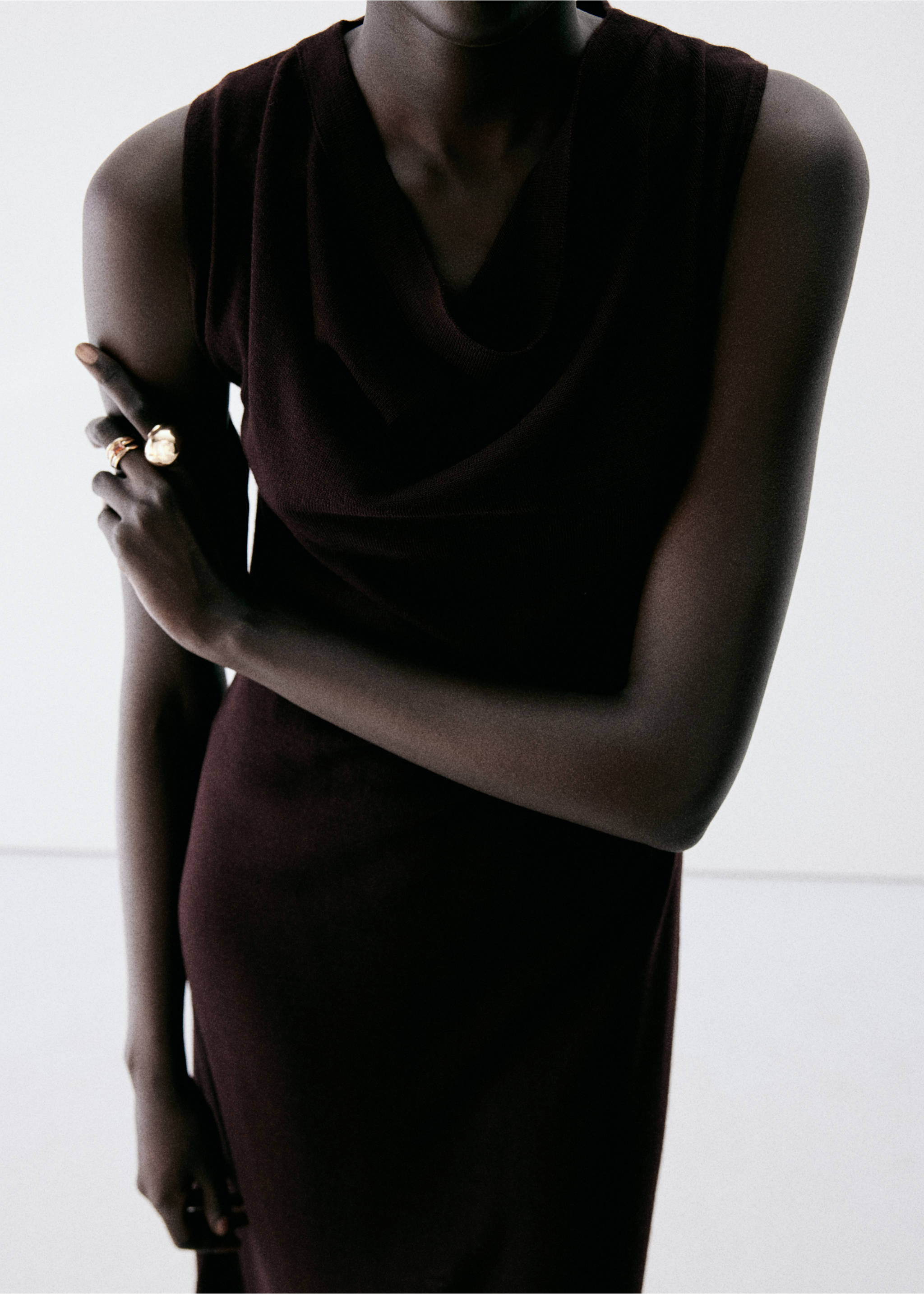 Dark burgundy sleeveless dress with a draped cowl neckline., Burgundy. Ref: 37097811-00.
