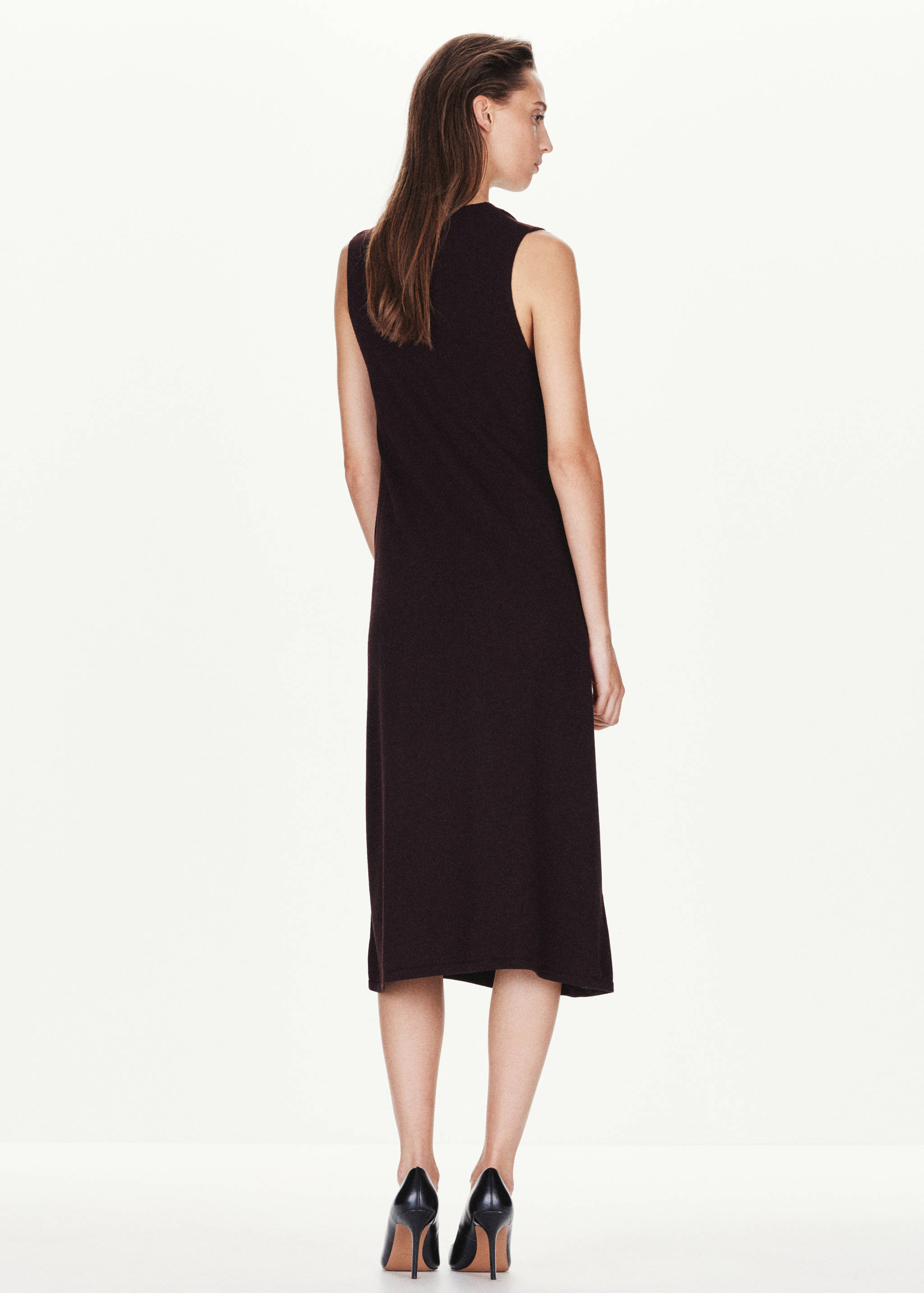 Dark brown sleeveless midi dress, back view