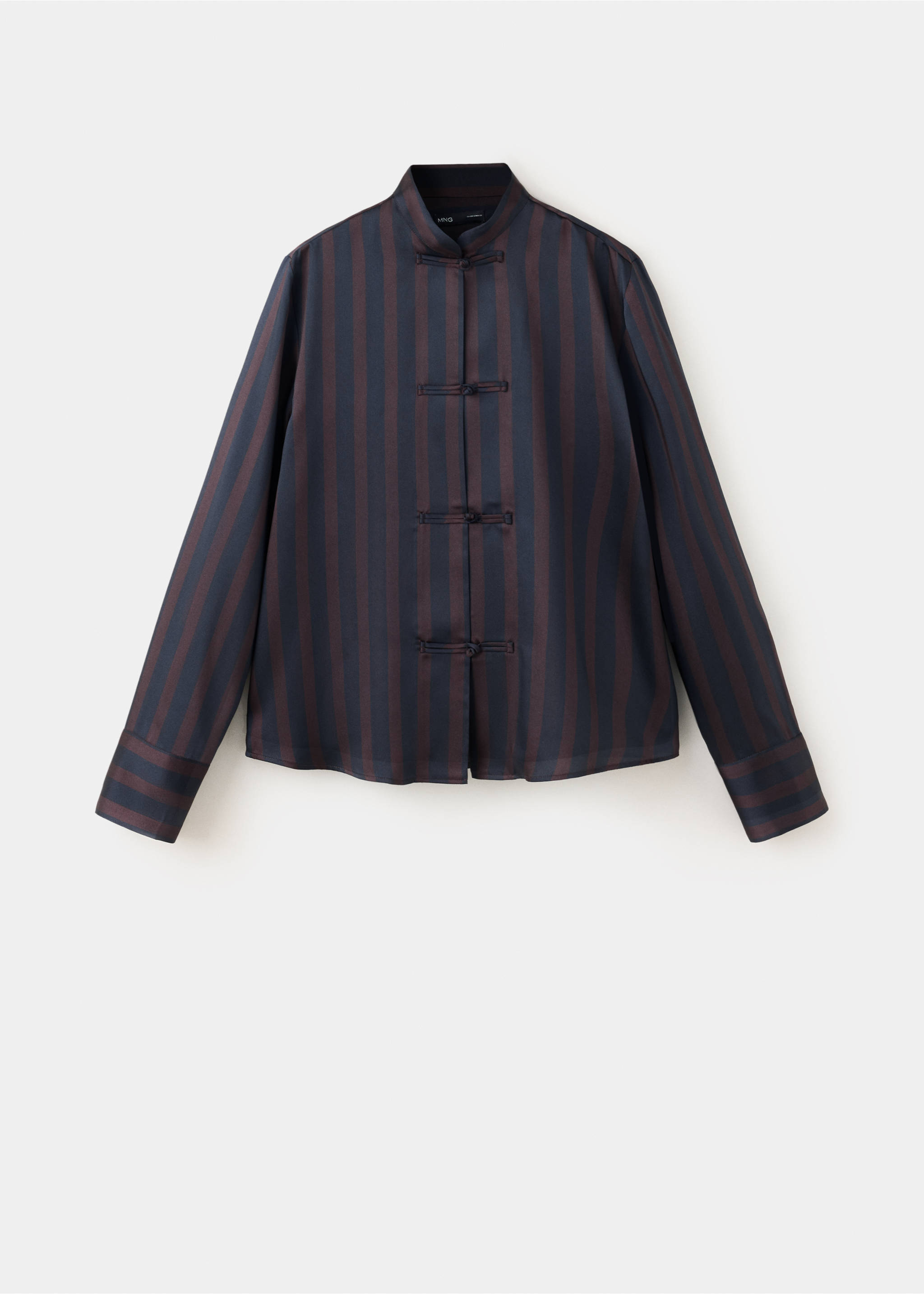 Navy blue and brown striped blouse with Mandarin collar and knot closures., Dark Navy. Ref: 37097812-00.