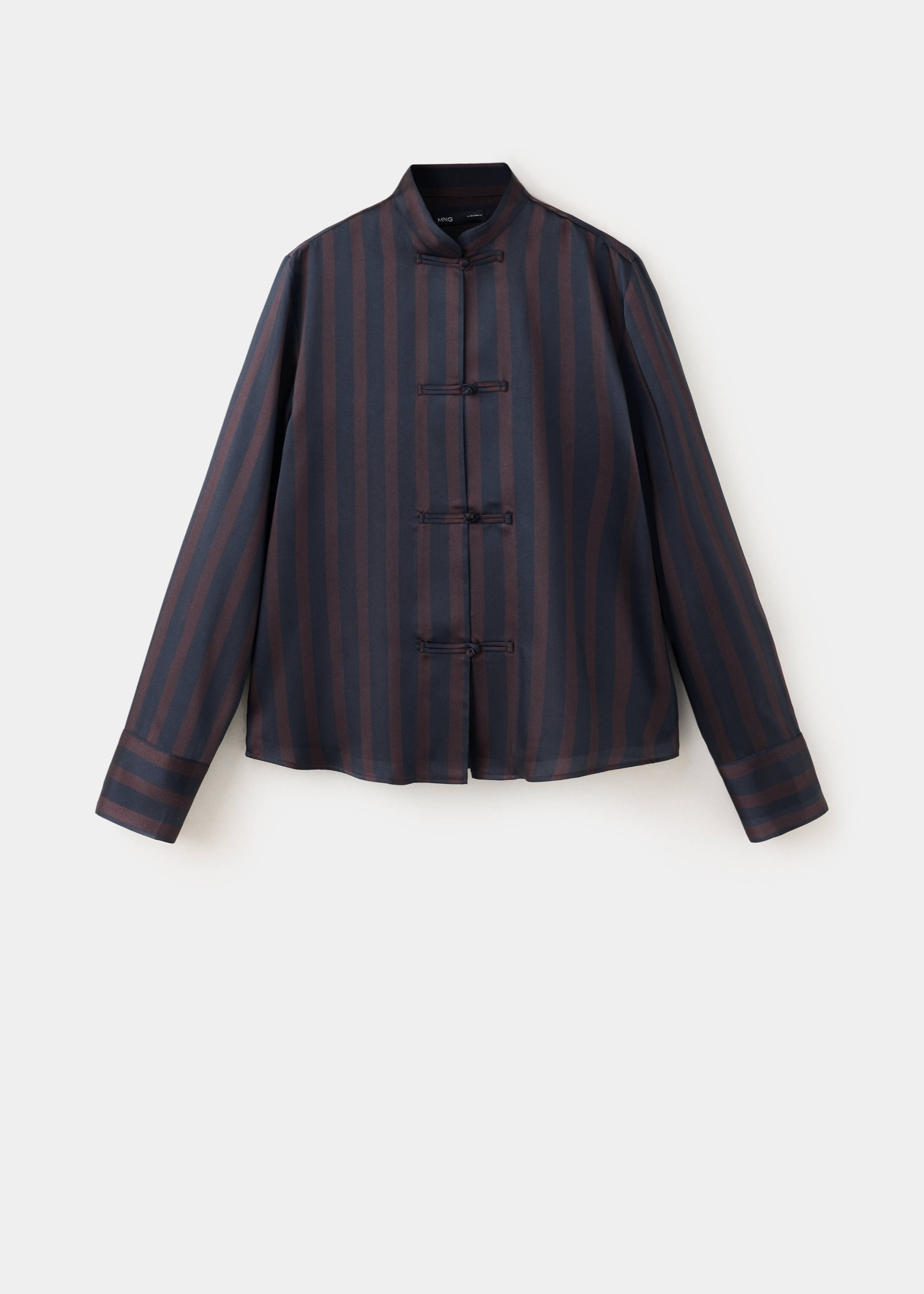 Navy blue and brown striped blouse with Mandarin collar and knot closures.