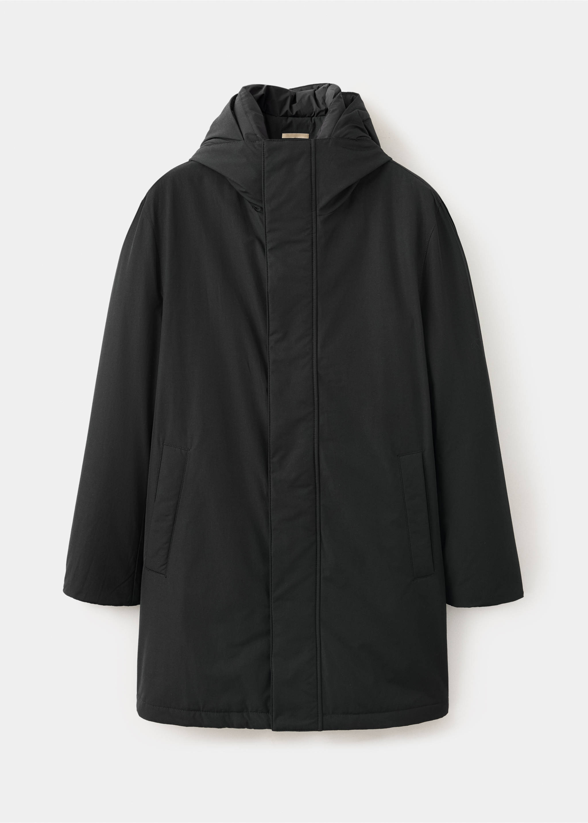 Black hooded men's parka in a relaxed silhouette with a concealed zip fastening., Black. Ref: 37097882-00.