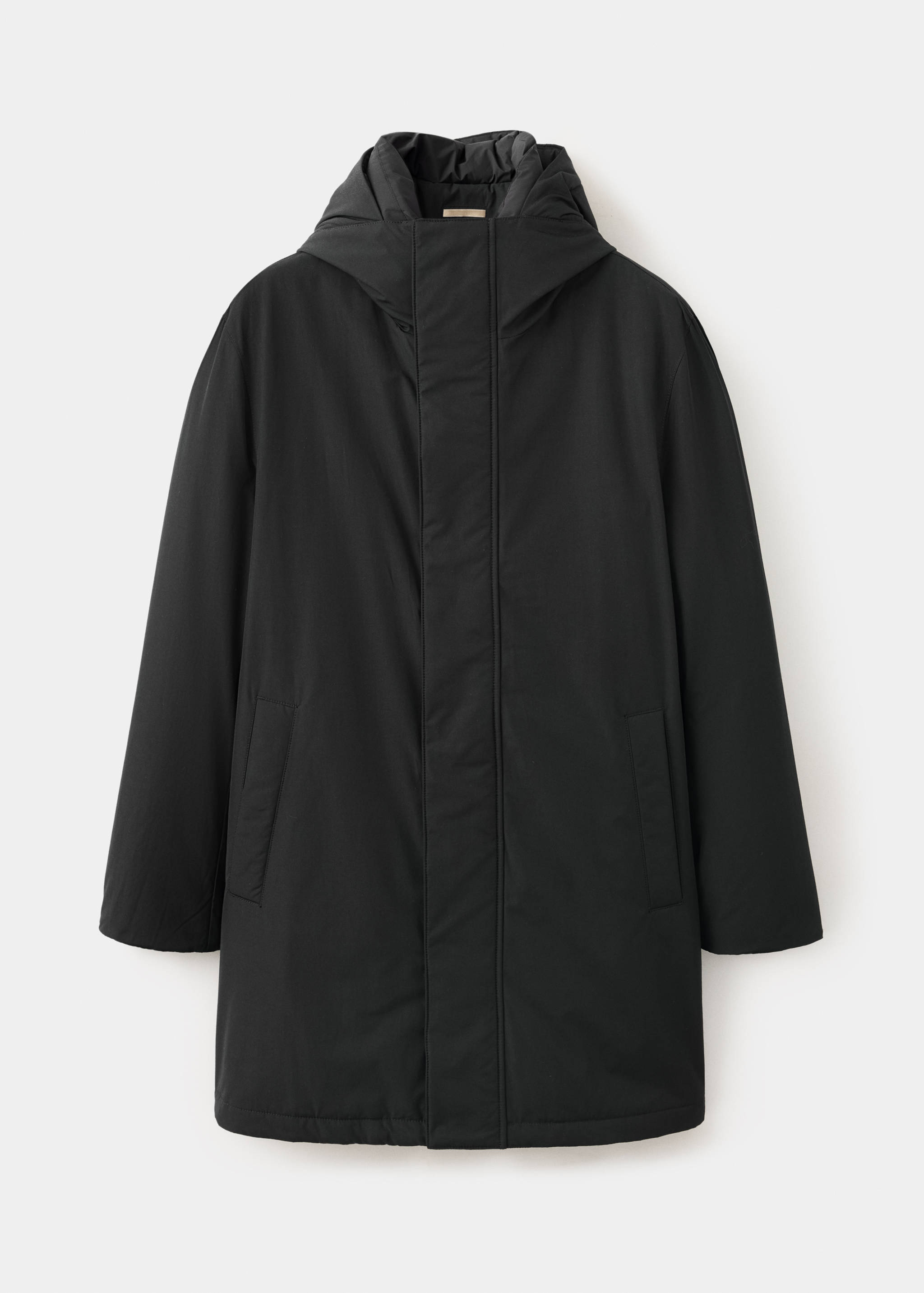Black hooded men's parka in a relaxed silhouette with a concealed zip fastening.