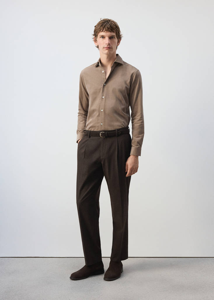Koszula slim fit z mikrosztruksu brązowy - Mężczyzna - M - MANGO MAN