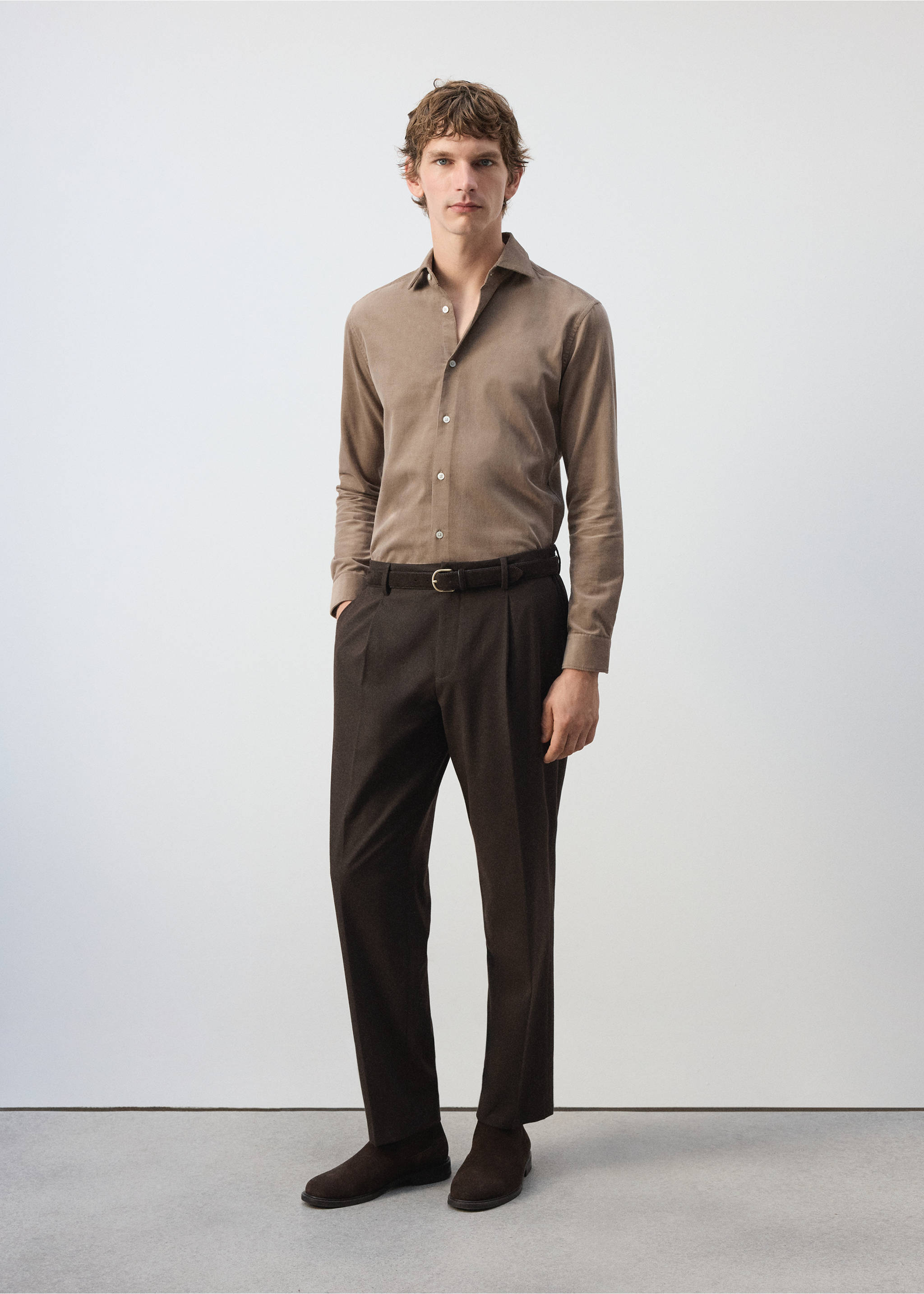 Taupe long-sleeved shirt worn with dark brown pleated trousers., Beige. Ref: 37097883-00.