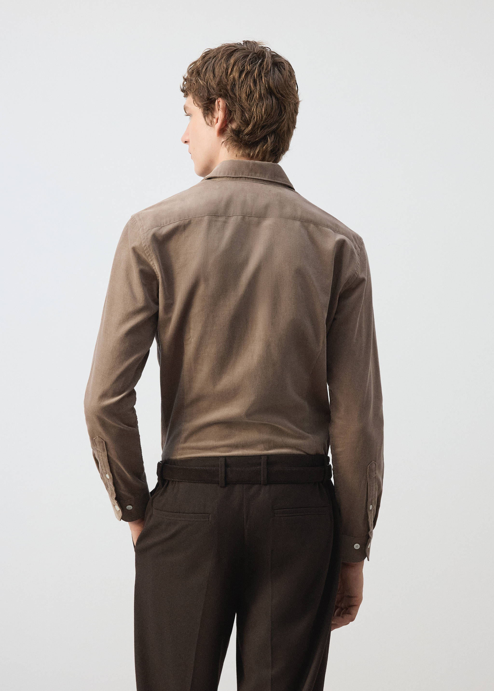 Back view of a brown long-sleeved shirt with a collar.