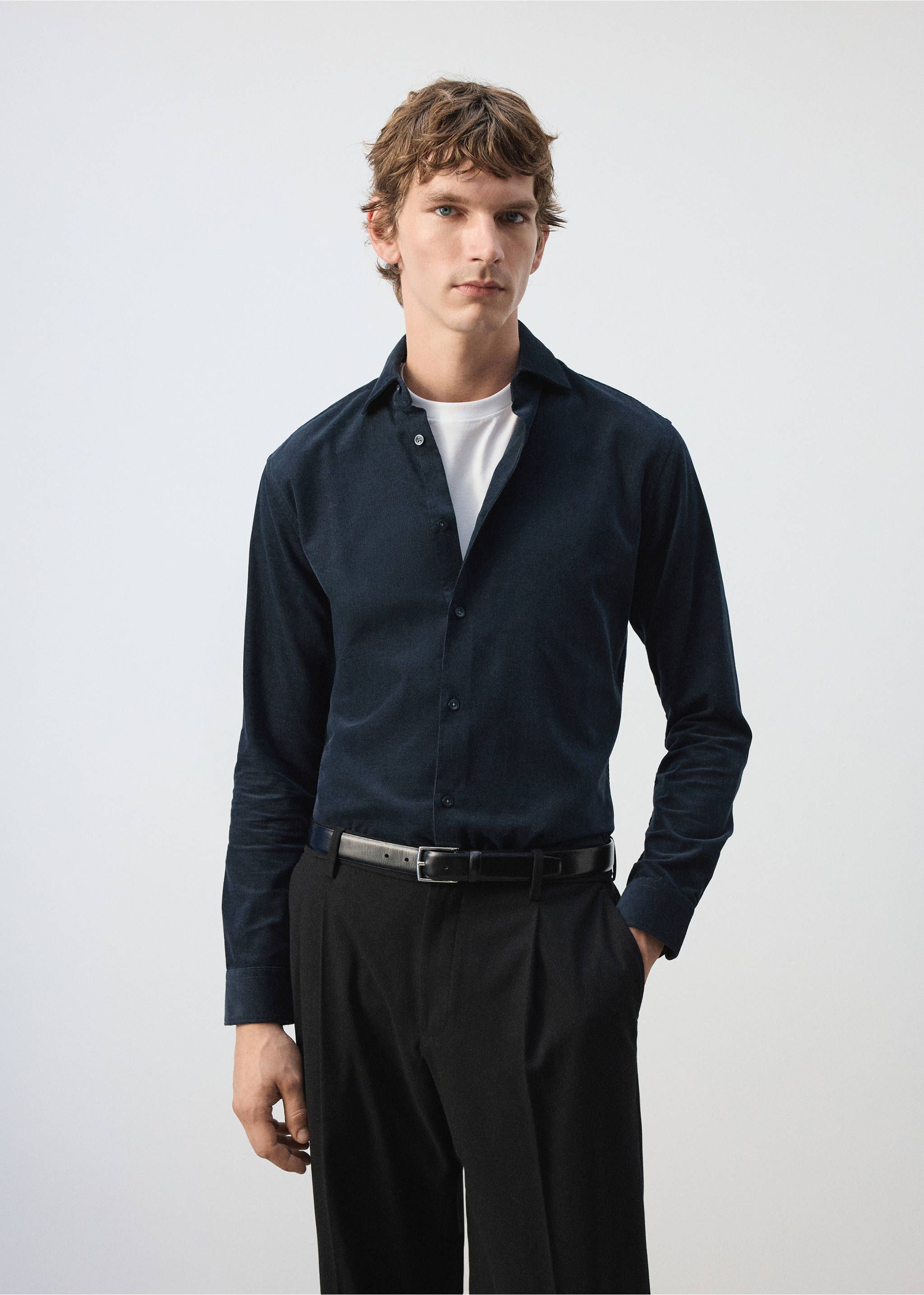 Dark navy blue long-sleeved shirt with a collar and button front worn by a model., Dark Navy. Ref: 37097883-00.