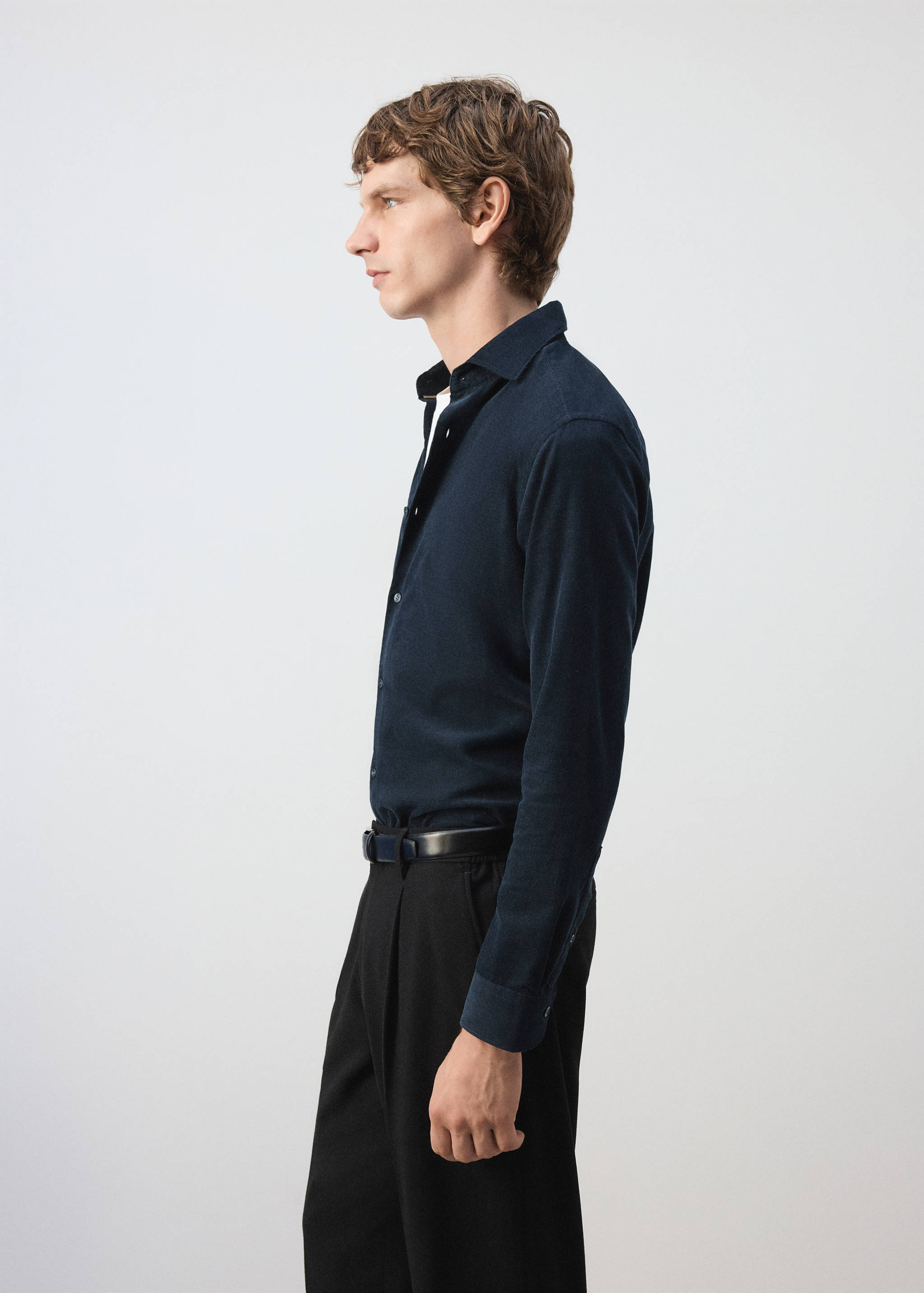 Dark navy blue long-sleeved shirt with classic collar.