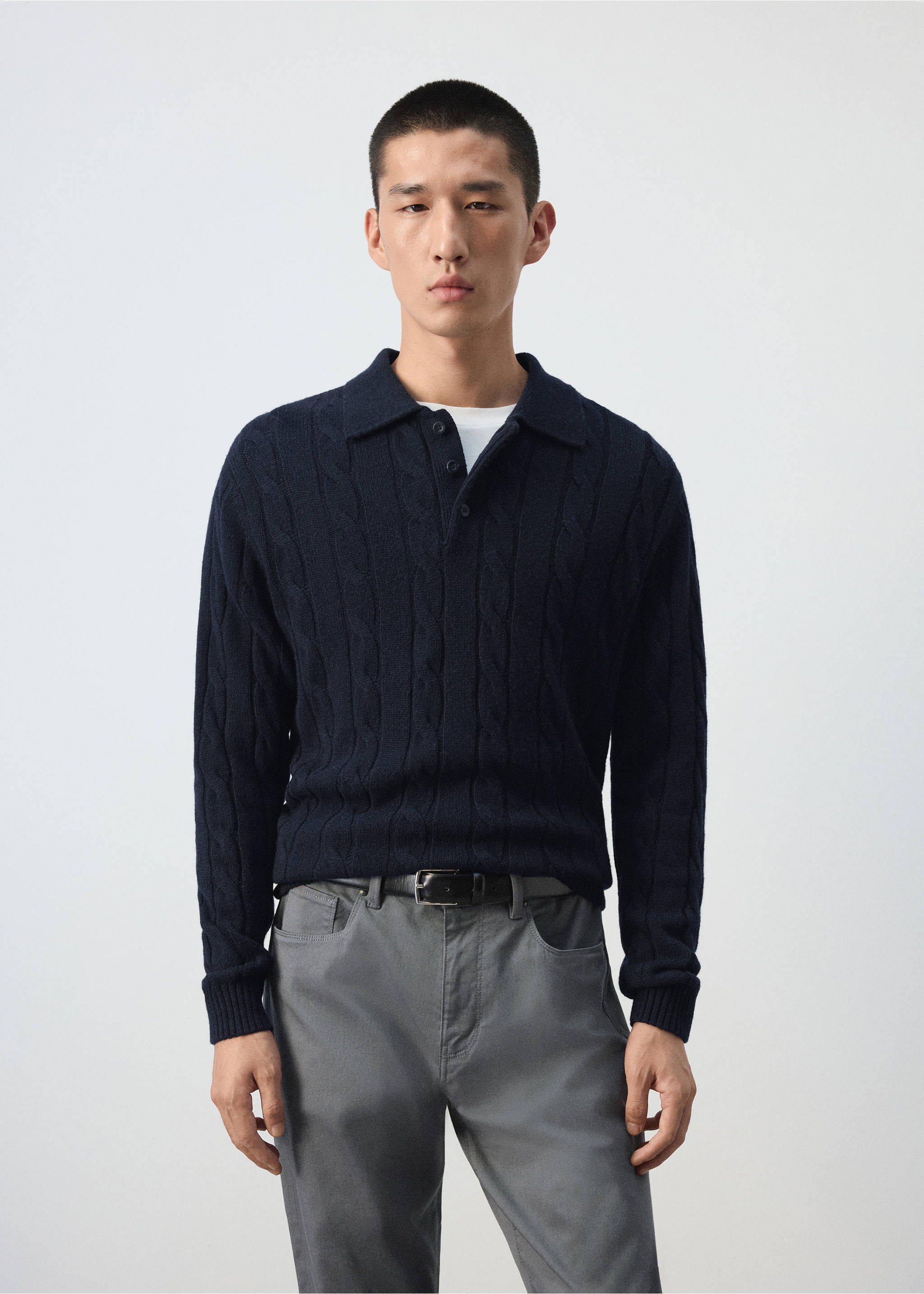 100% wool cable-knit polo jumper - Medium plane, Navy. Ref: 37097885-00.