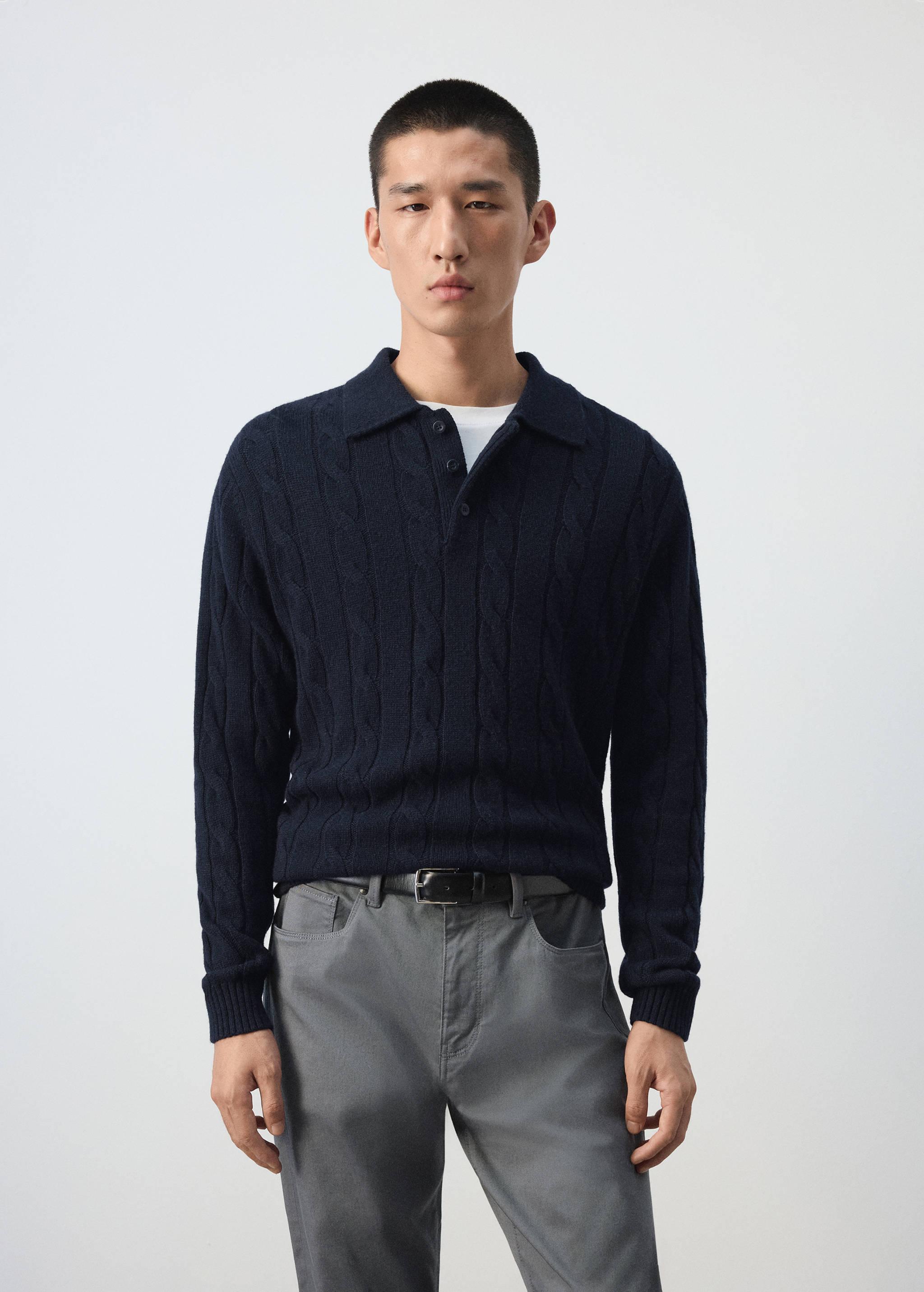 100% wool cable-knit polo jumper - Medium plane