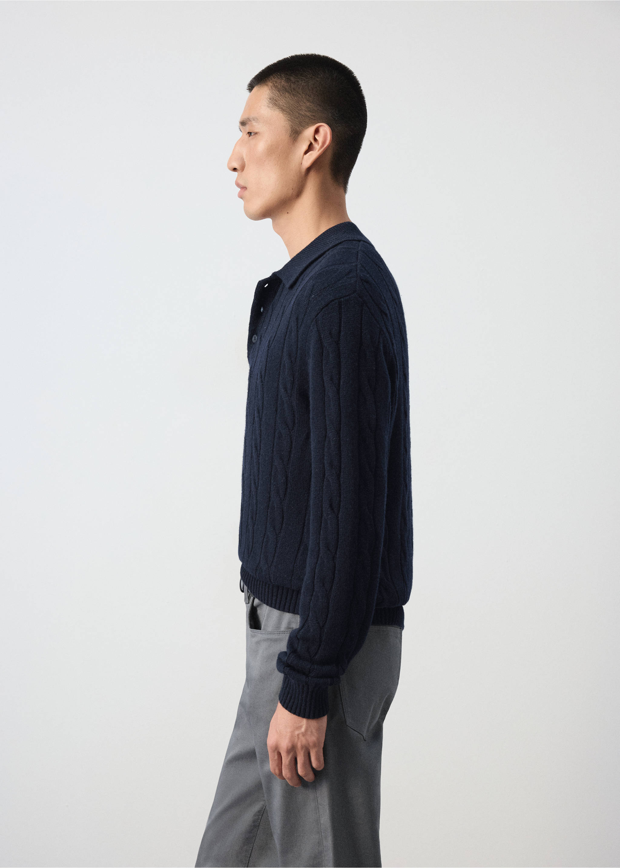 Navy blue cable-knit polo shirt with a classic collar and long sleeves., Navy. Ref: 37097885-00.