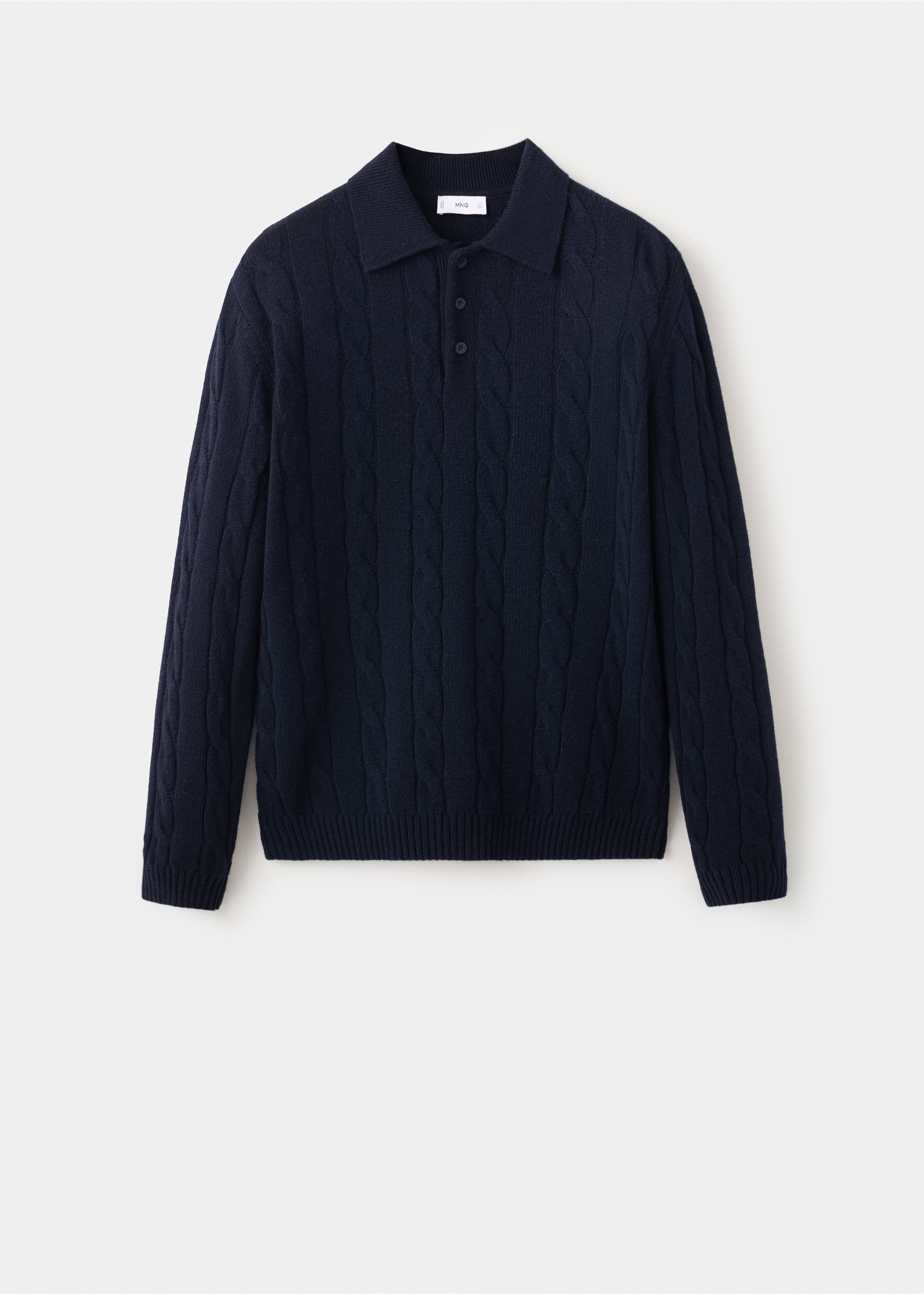 Navy blue cable-knit polo sweater with long sleeves and a button placket., Navy. Ref: 37097885-00.