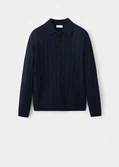 100% wool cable-knit polo jumper — Navy 6