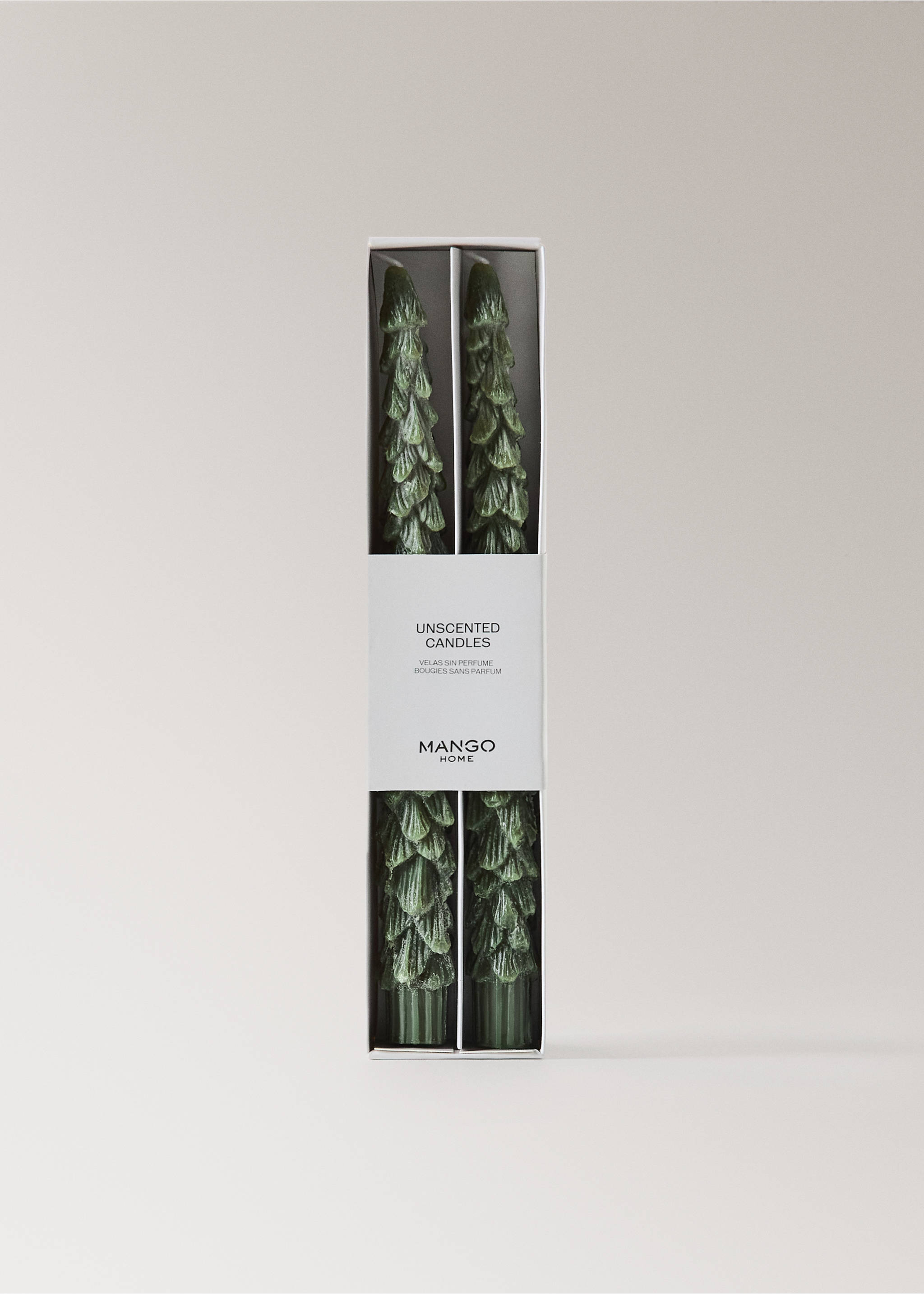 Pack of two green unscented fir tree candles in a white box., Green. Ref: 37097889-00.