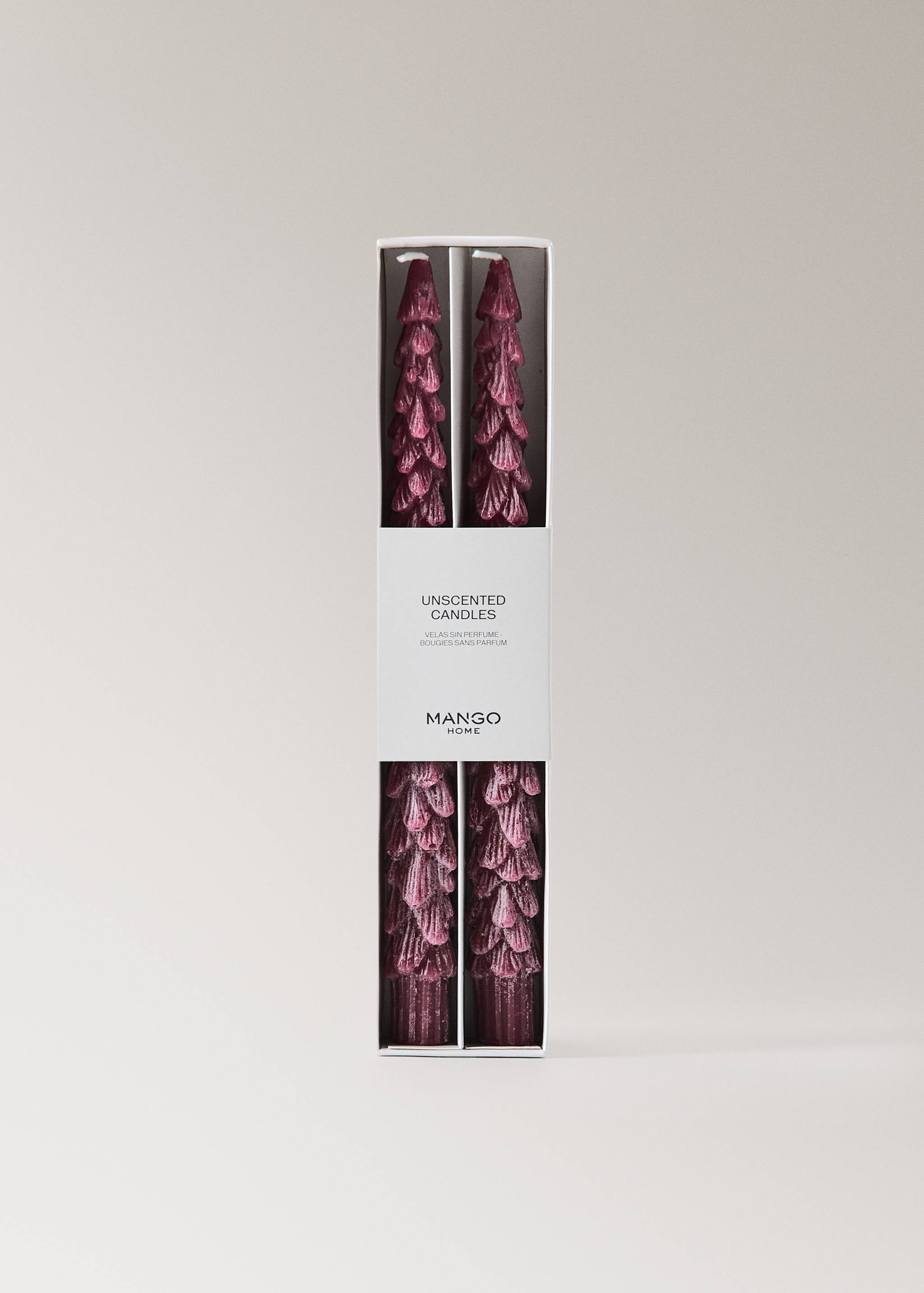 Burgundy pinecone-textured unscented candles in a Mango Home box.